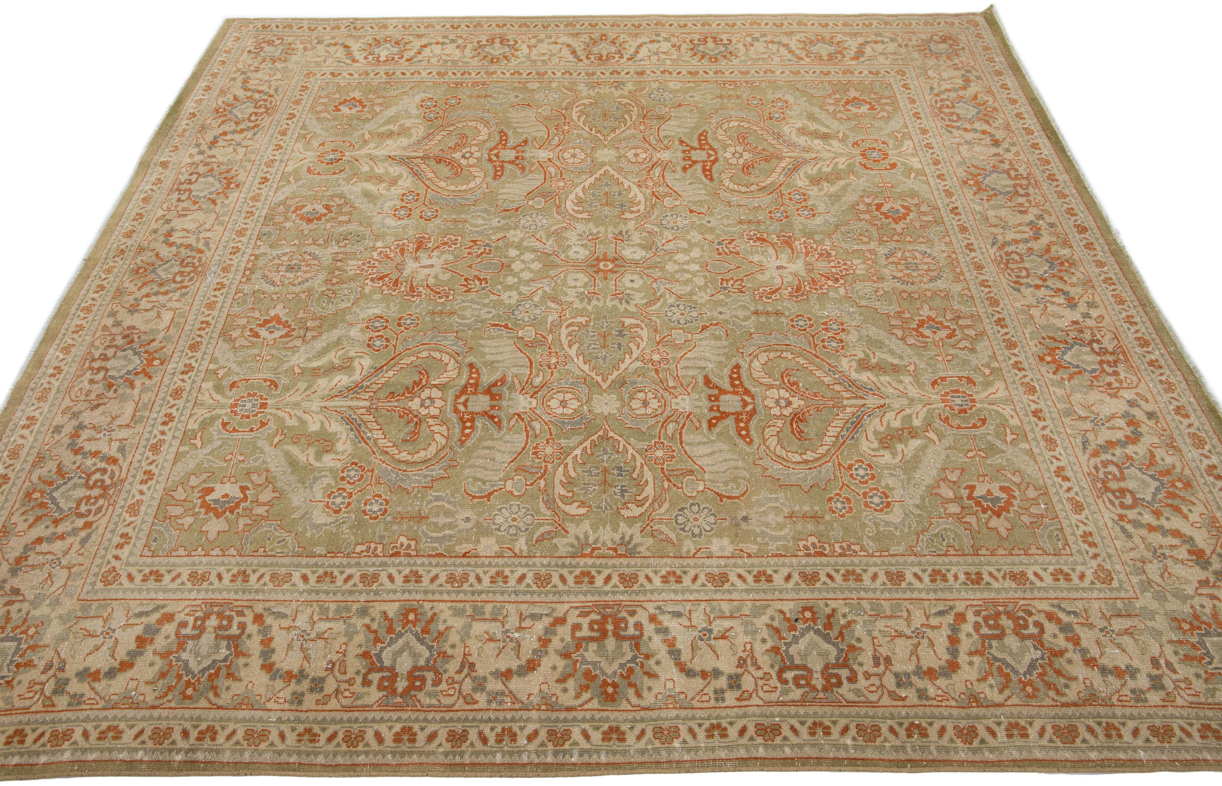 20th Century Green Antique Persian Mahal Handmade Square Wool Rug with Allover Floral Design For Sale