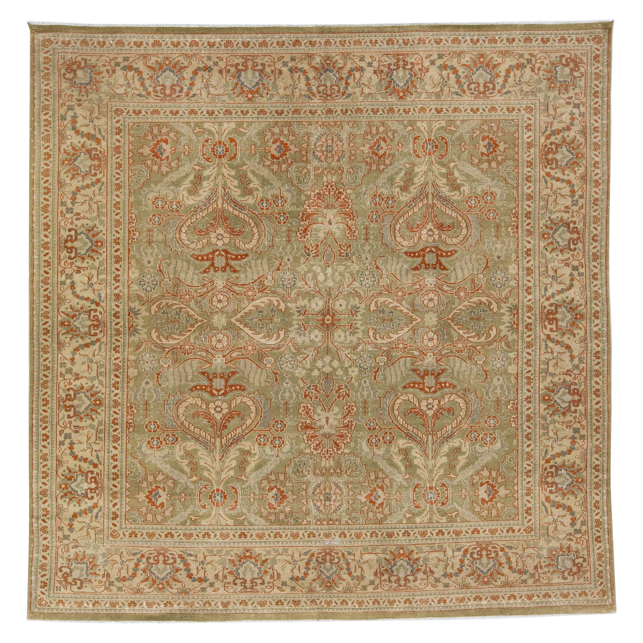 Tappeto quadrato in lana antico persiano Mahal fatto a mano, verde, con disegno floreale alllover