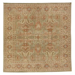 Green Antique Persian Mahal Handmade Square Wool Rug with Allover Floral Design