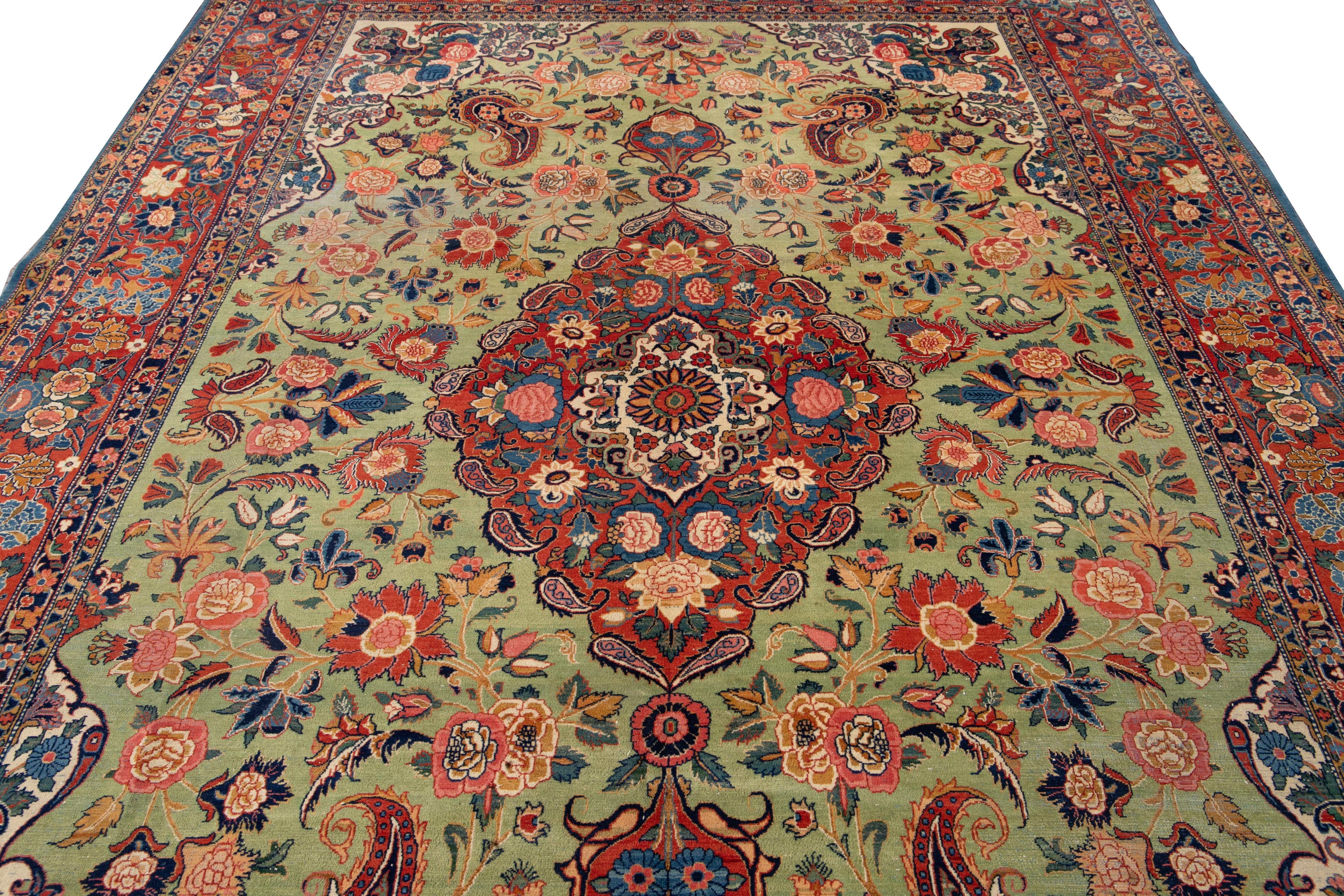 Green Antique Persian Tabriz Handmade Wool Rug For Sale 5