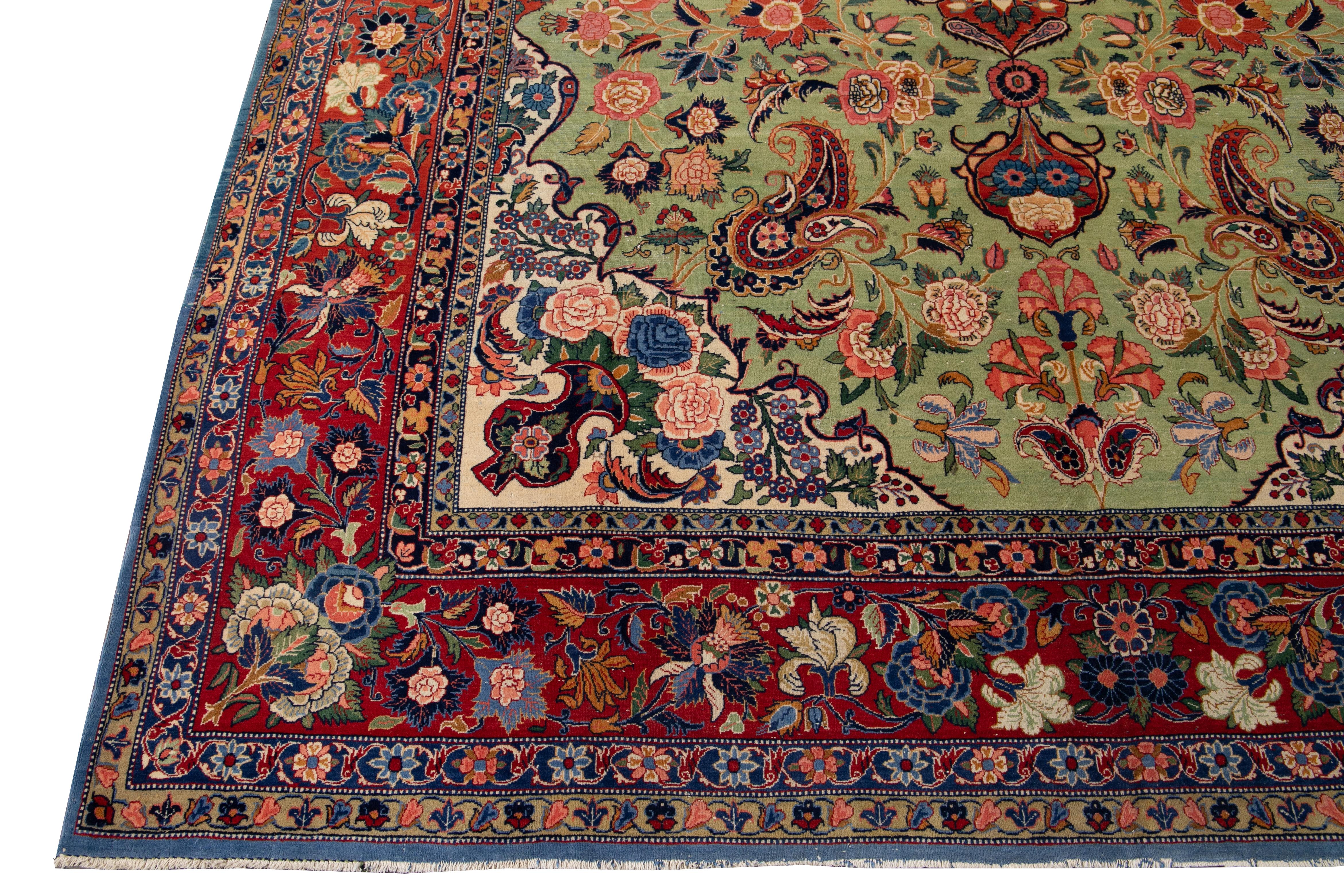 Green Antique Persian Tabriz Handmade Wool Rug For Sale 6