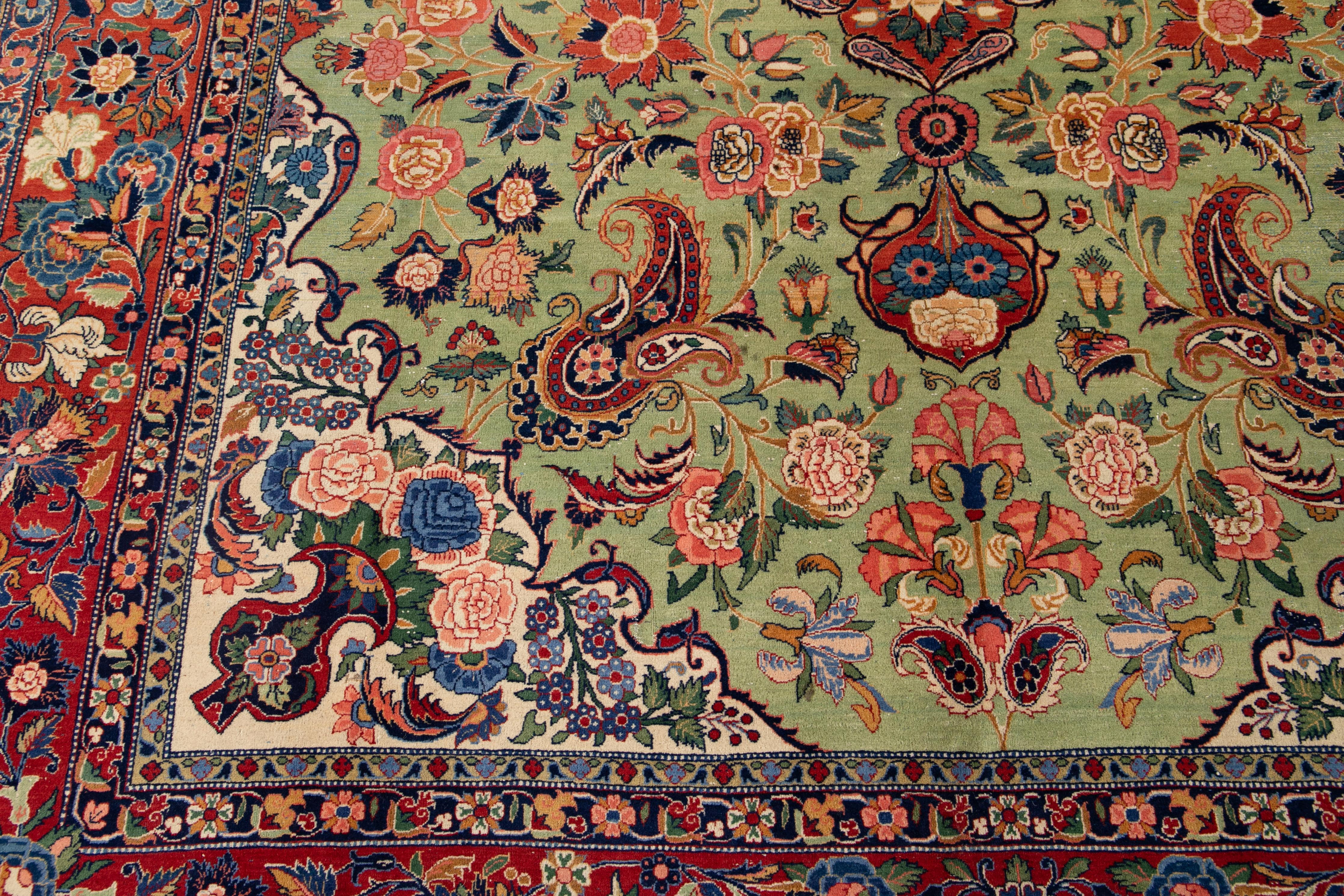 Green Antique Persian Tabriz Handmade Wool Rug For Sale 7