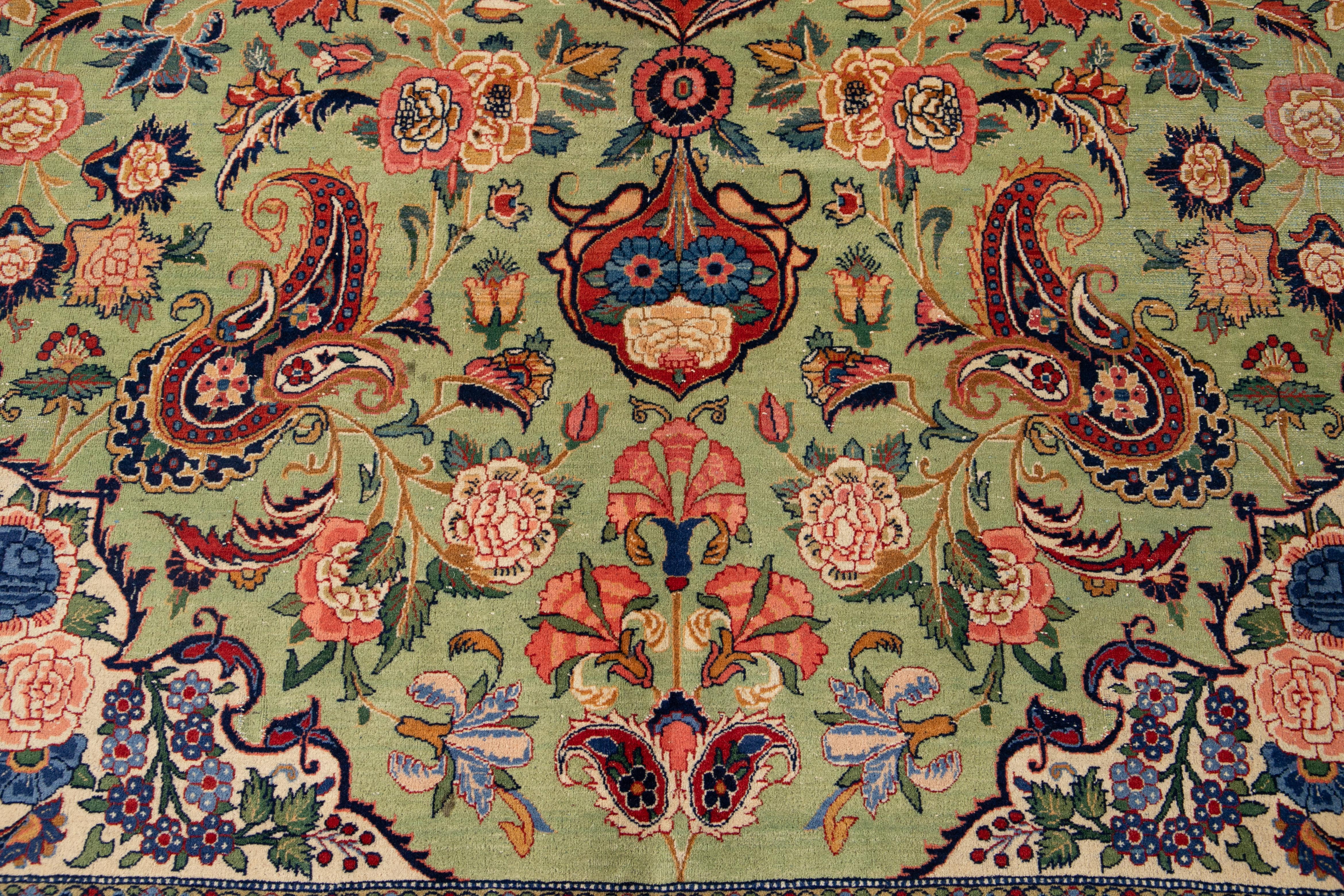 Green Antique Persian Tabriz Handmade Wool Rug For Sale 8