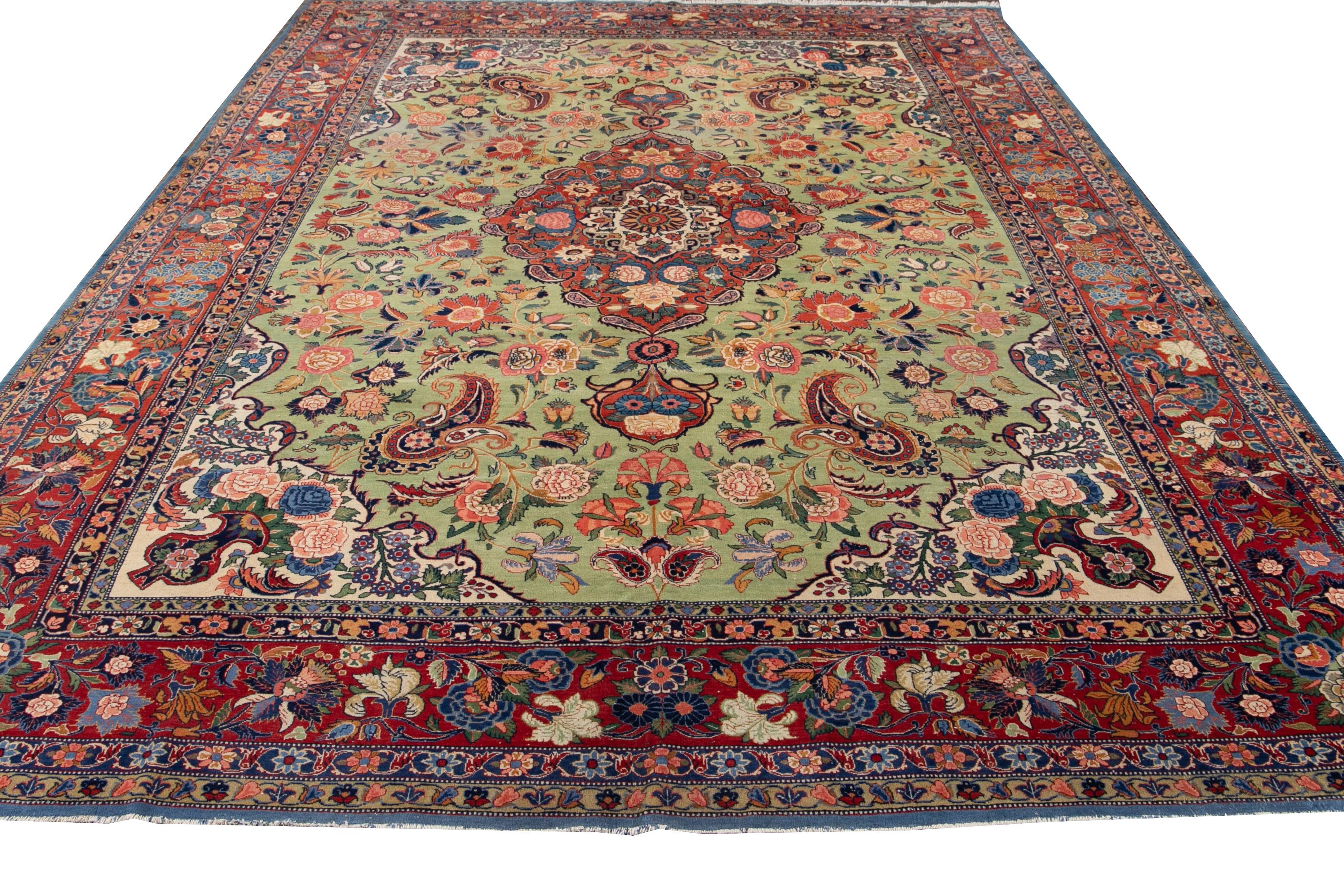 Hand-Knotted Green Antique Persian Tabriz Handmade Wool Rug For Sale