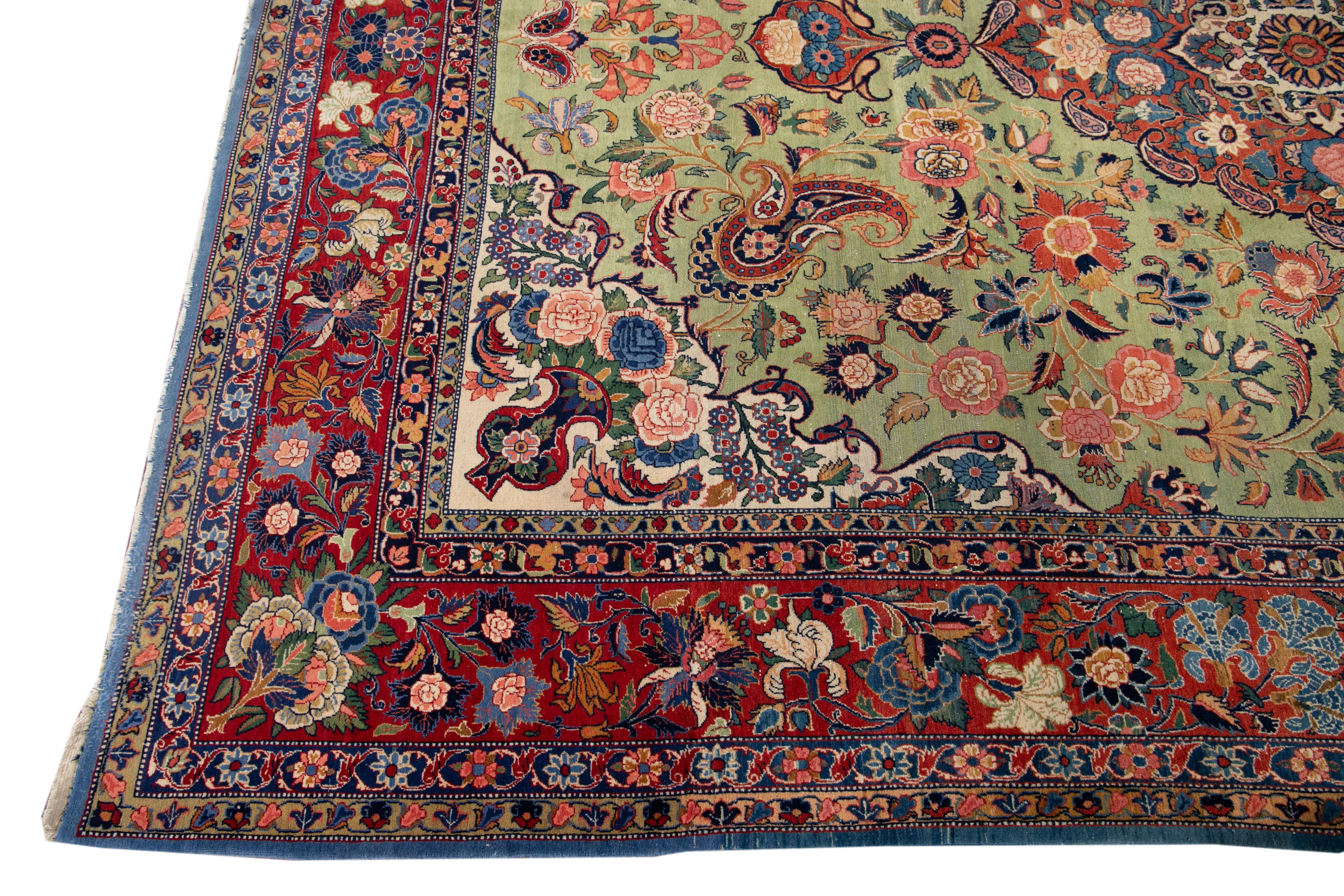 Green Antique Persian Tabriz Handmade Wool Rug In Excellent Condition For Sale In Norwalk, CT
