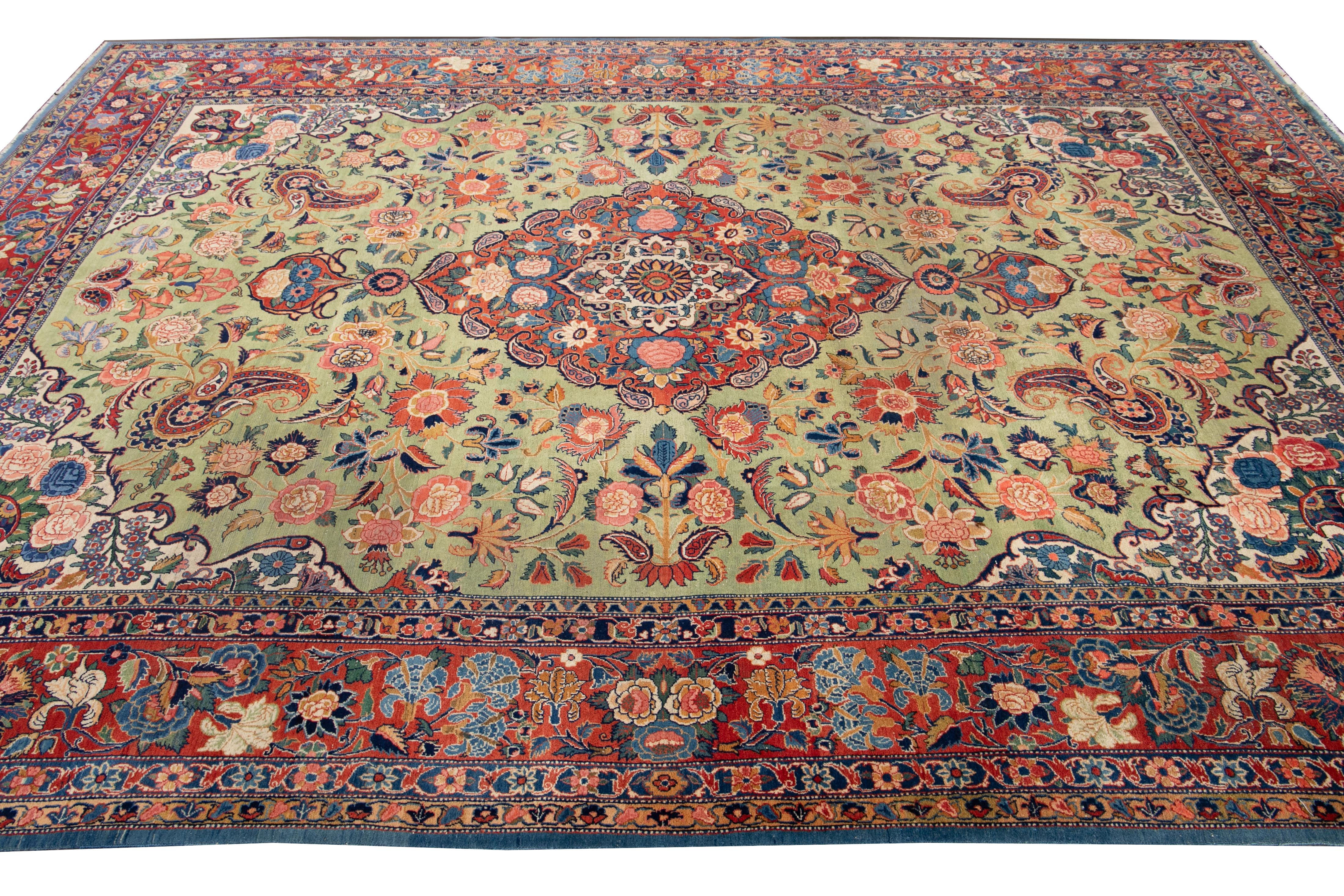 Green Antique Persian Tabriz Handmade Wool Rug For Sale 1