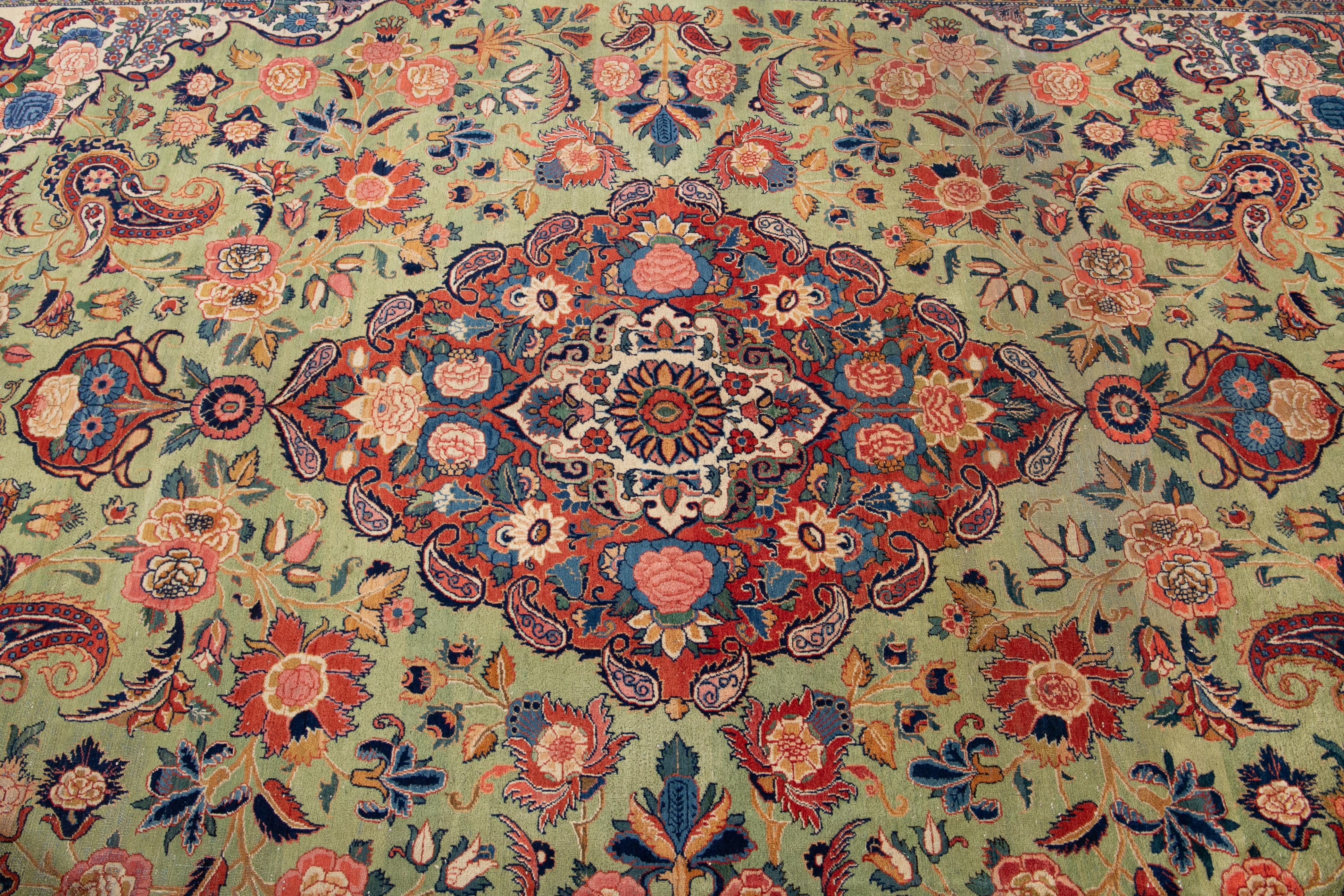 Green Antique Persian Tabriz Handmade Wool Rug For Sale 2