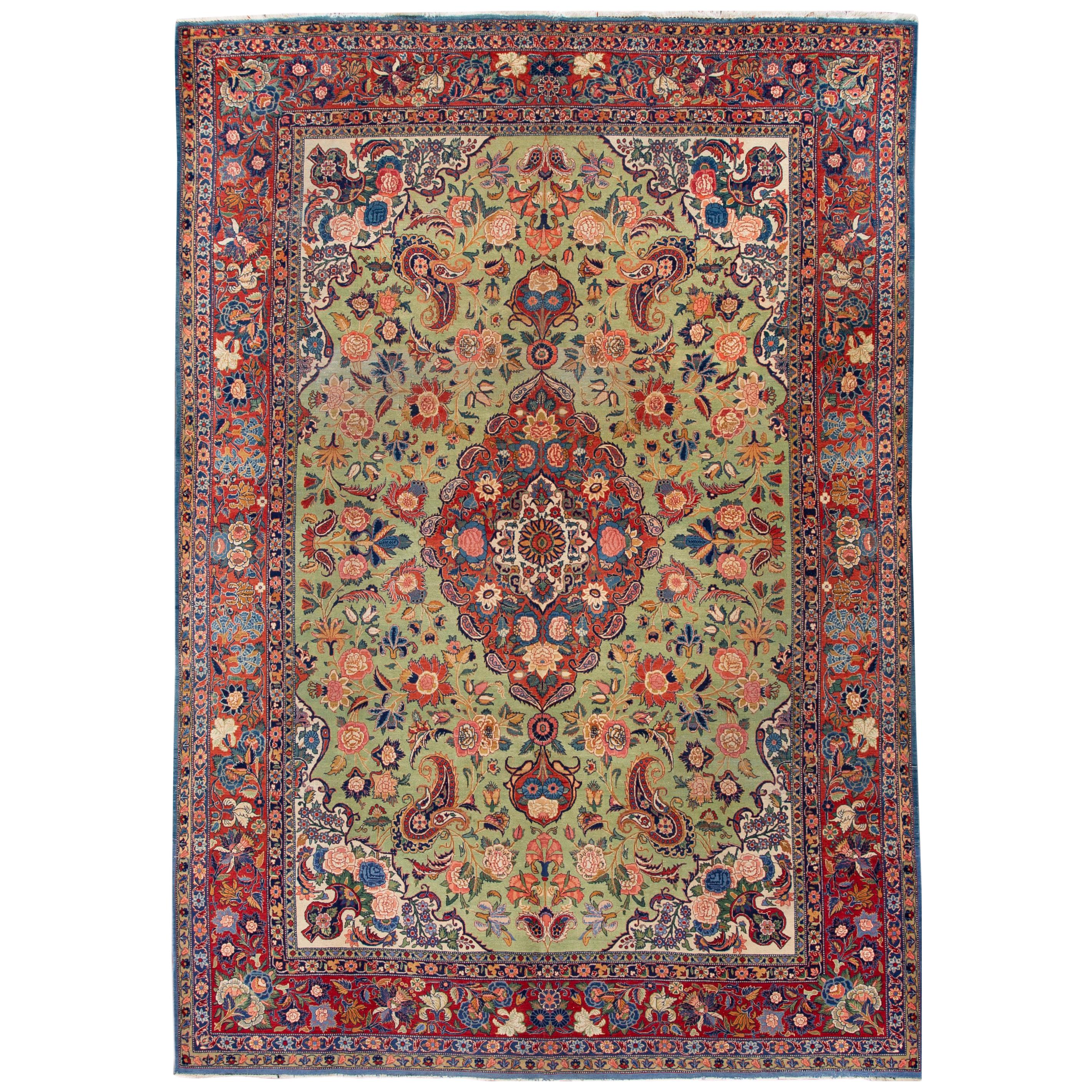 Green Antique Persian Tabriz Handmade Wool Rug For Sale