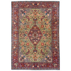 Green Antique Persian Tabriz Handmade Wool Rug