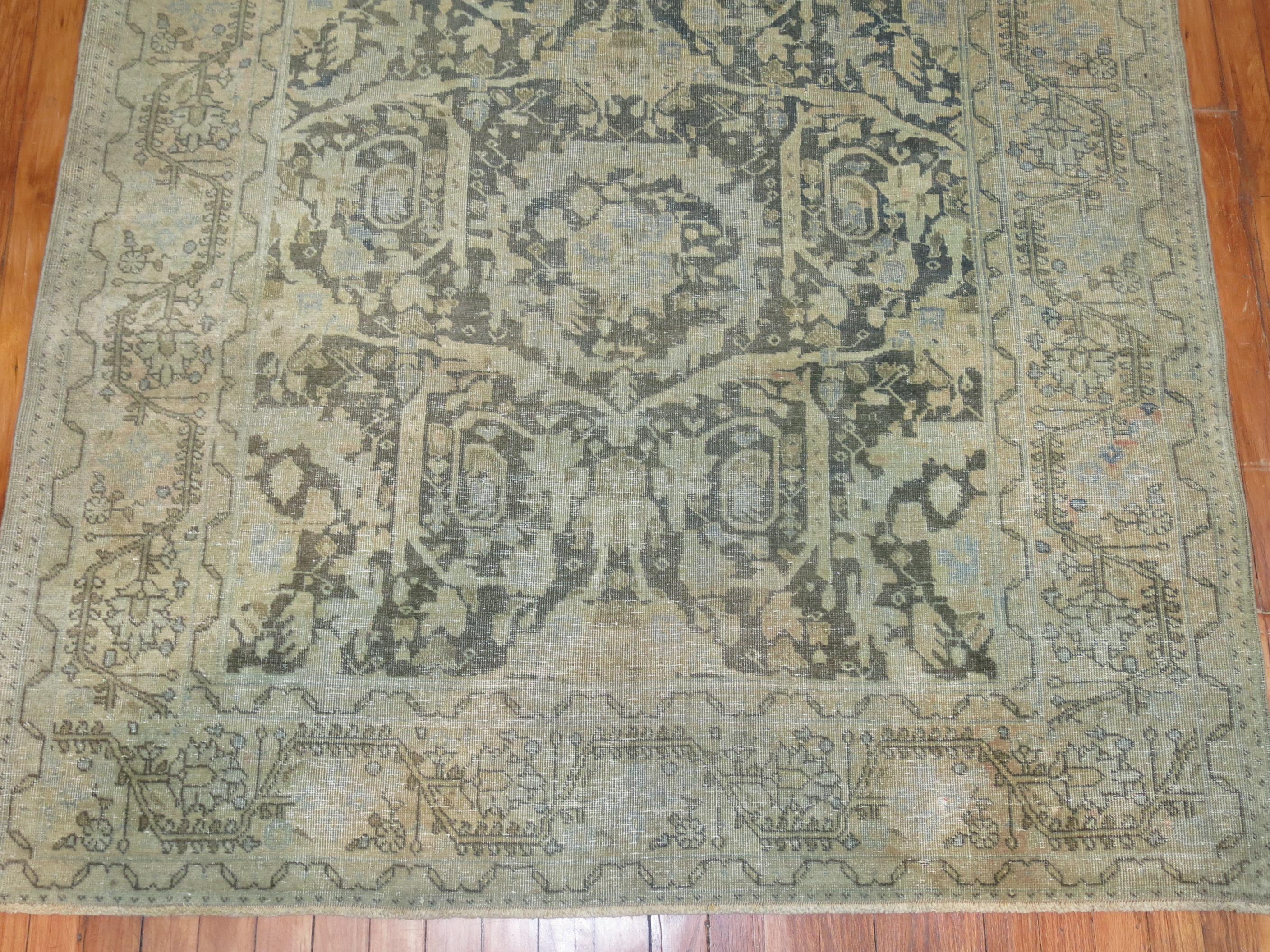 Green Antique Persian Tabriz Rug In Good Condition For Sale In New York, NY