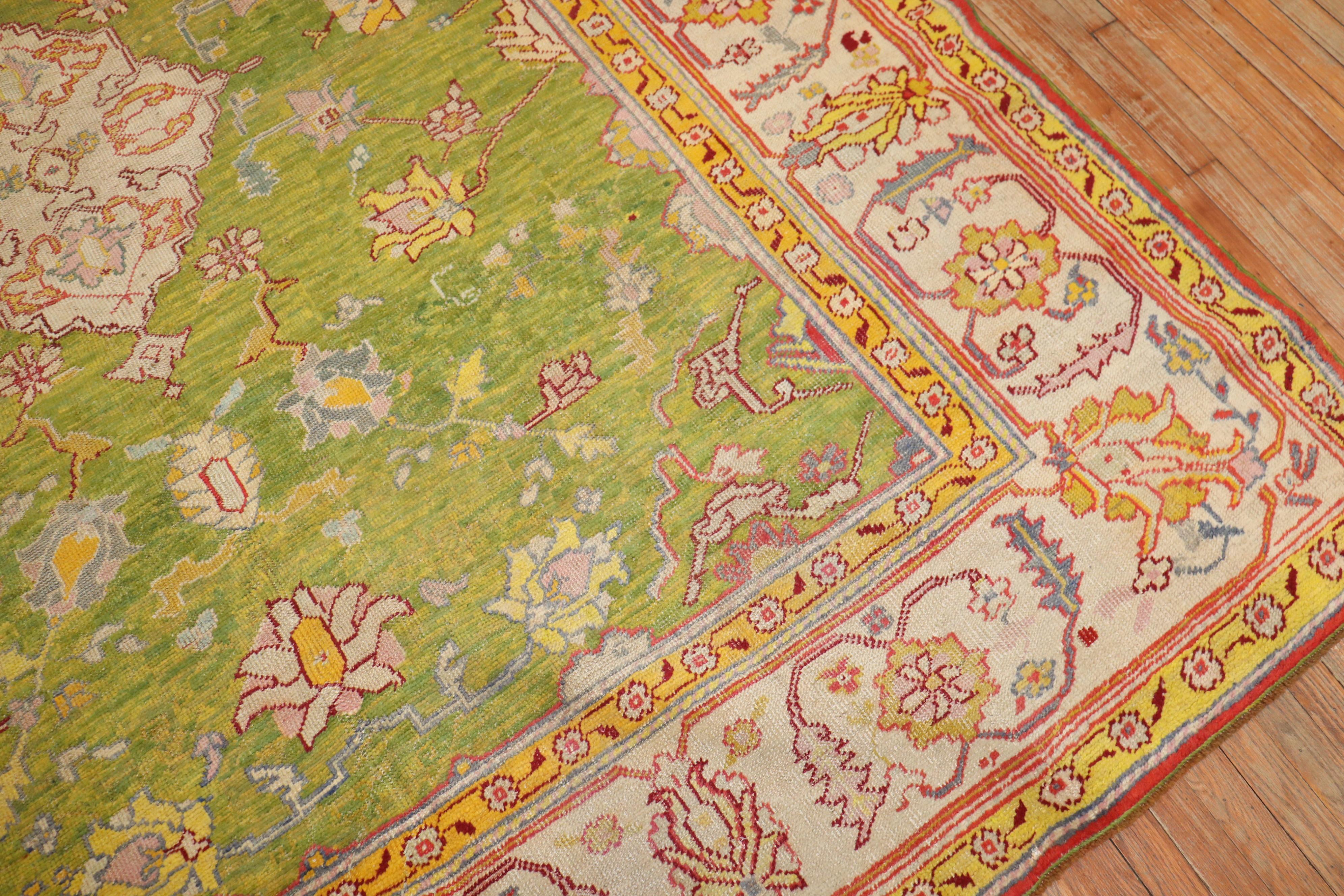 Hand-Knotted Green Antique Turkish Oushak Rug For Sale