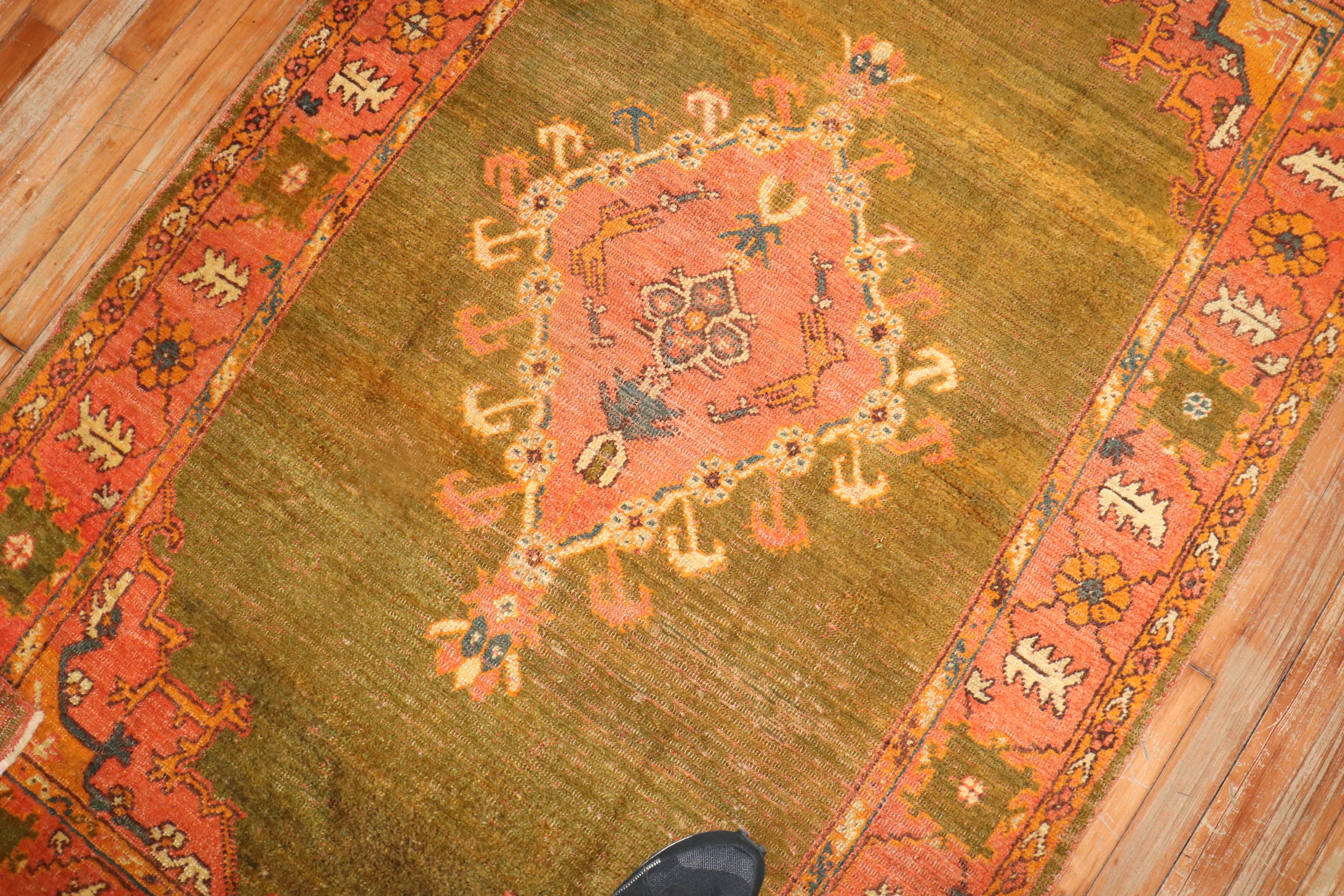 Hand-Knotted Green Antique Turkish Oushak Rug For Sale