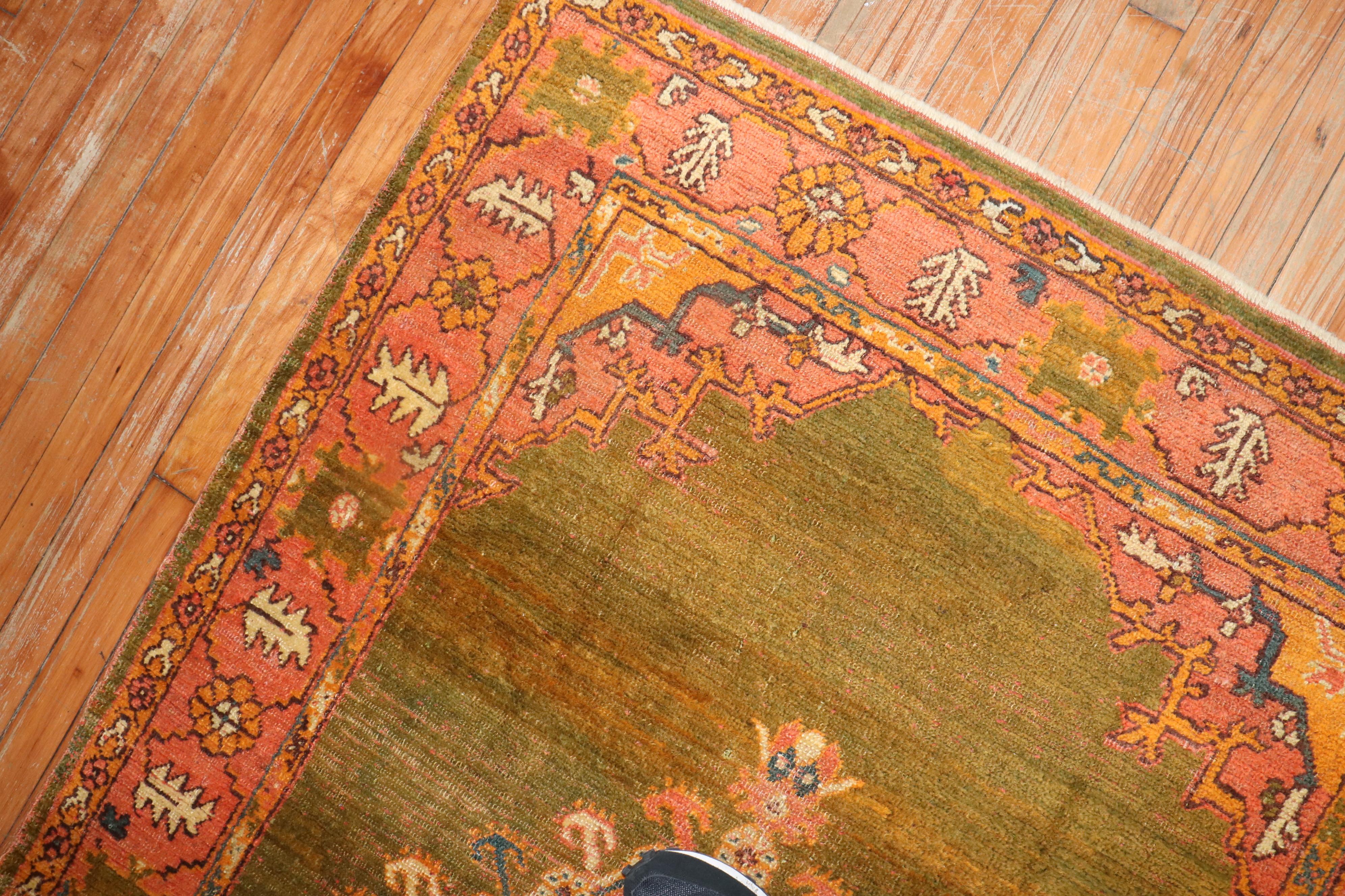 Wool Zabihi Collection Green Antique Turkish Oushak Rug For Sale