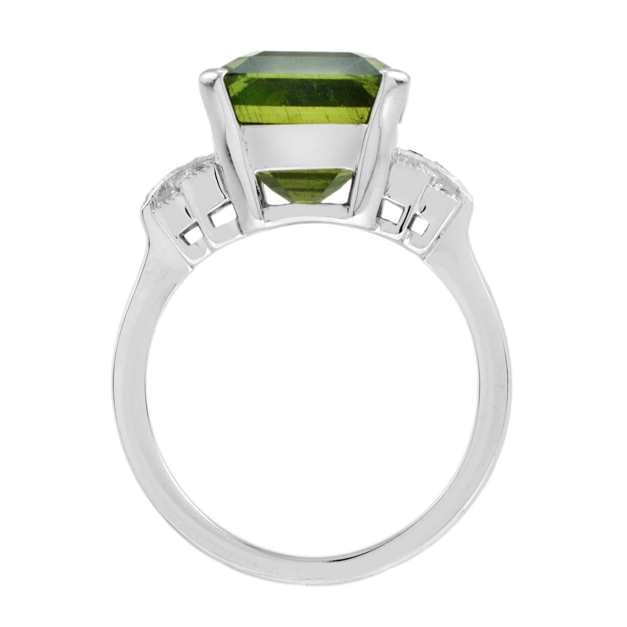 Bague de style Art déco en or blanc 18 carats avec apatite verte, diamant et rubis certifié 2