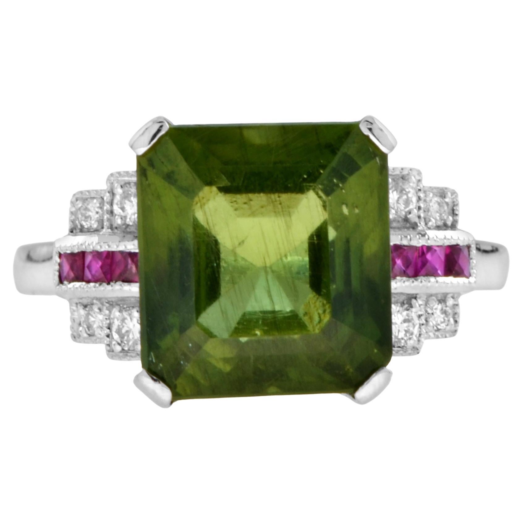 Bague de style Art déco en or blanc 18 carats avec apatite verte, diamant et rubis certifié