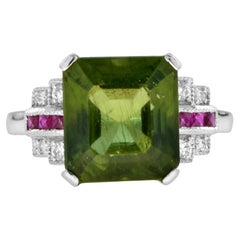 Bague de style Art déco en or blanc 18 carats avec apatite verte, diamant et rubis certifié