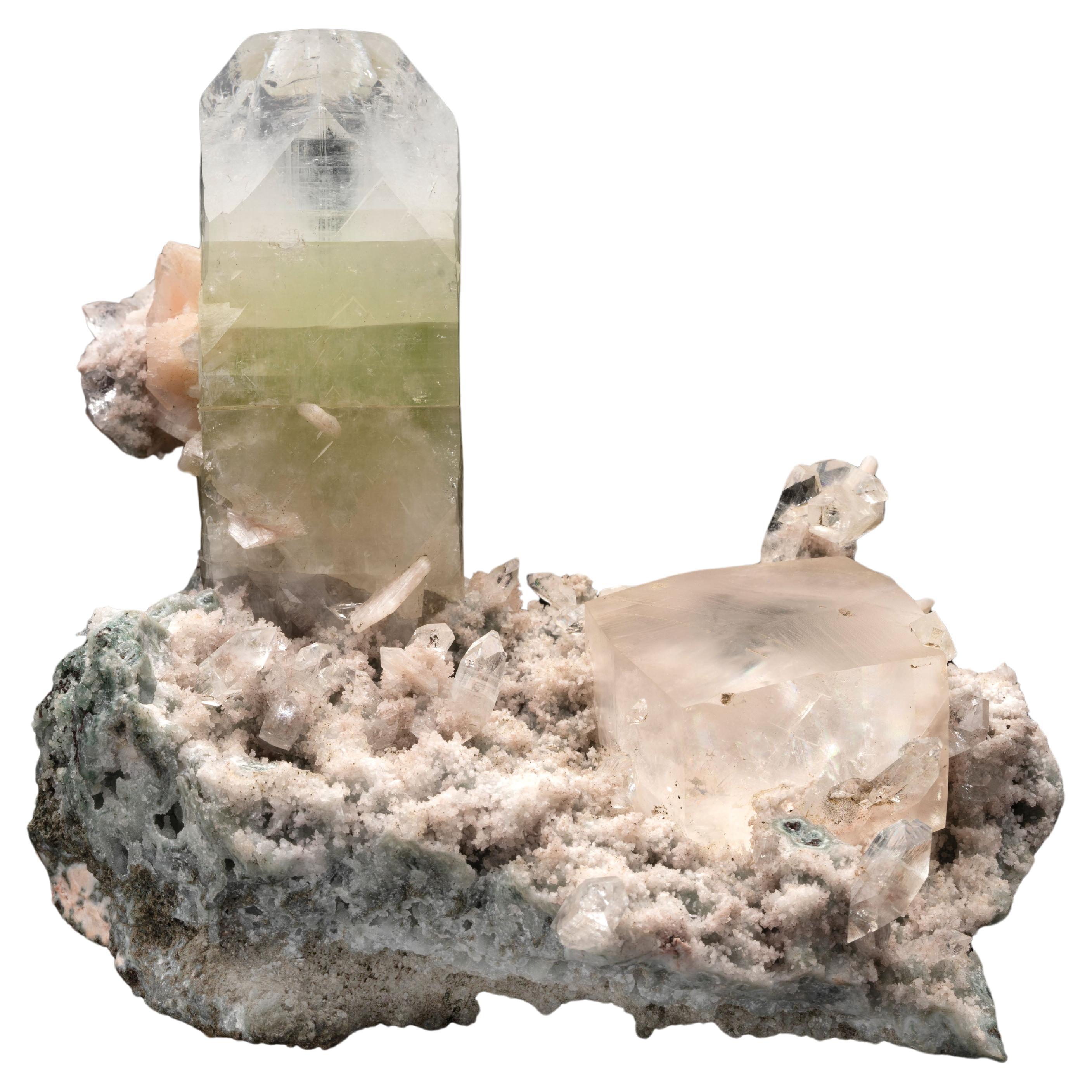 Green Apophyllite and Stilbite with Calcite For Sale