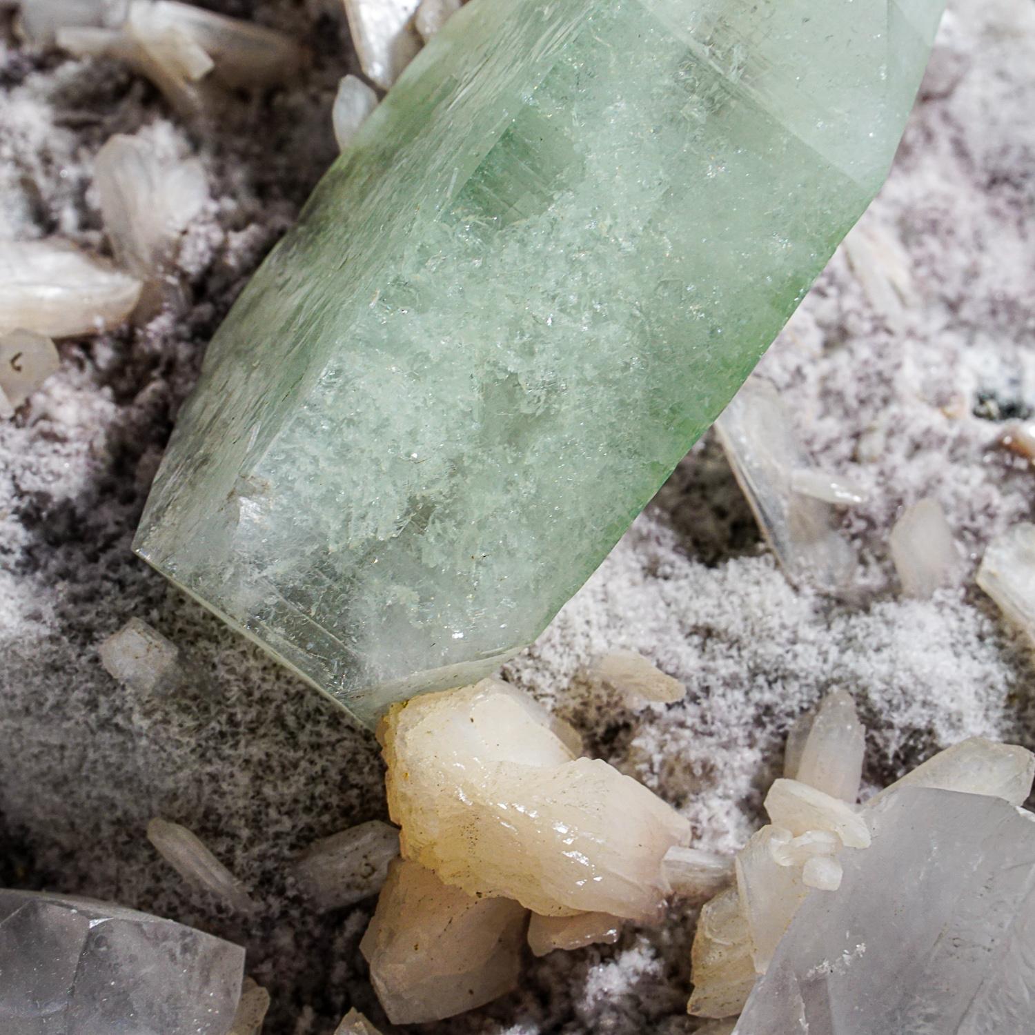 Indian Green Apophyllite with Gem Calcite and Stilbite from Pune District, India For Sale