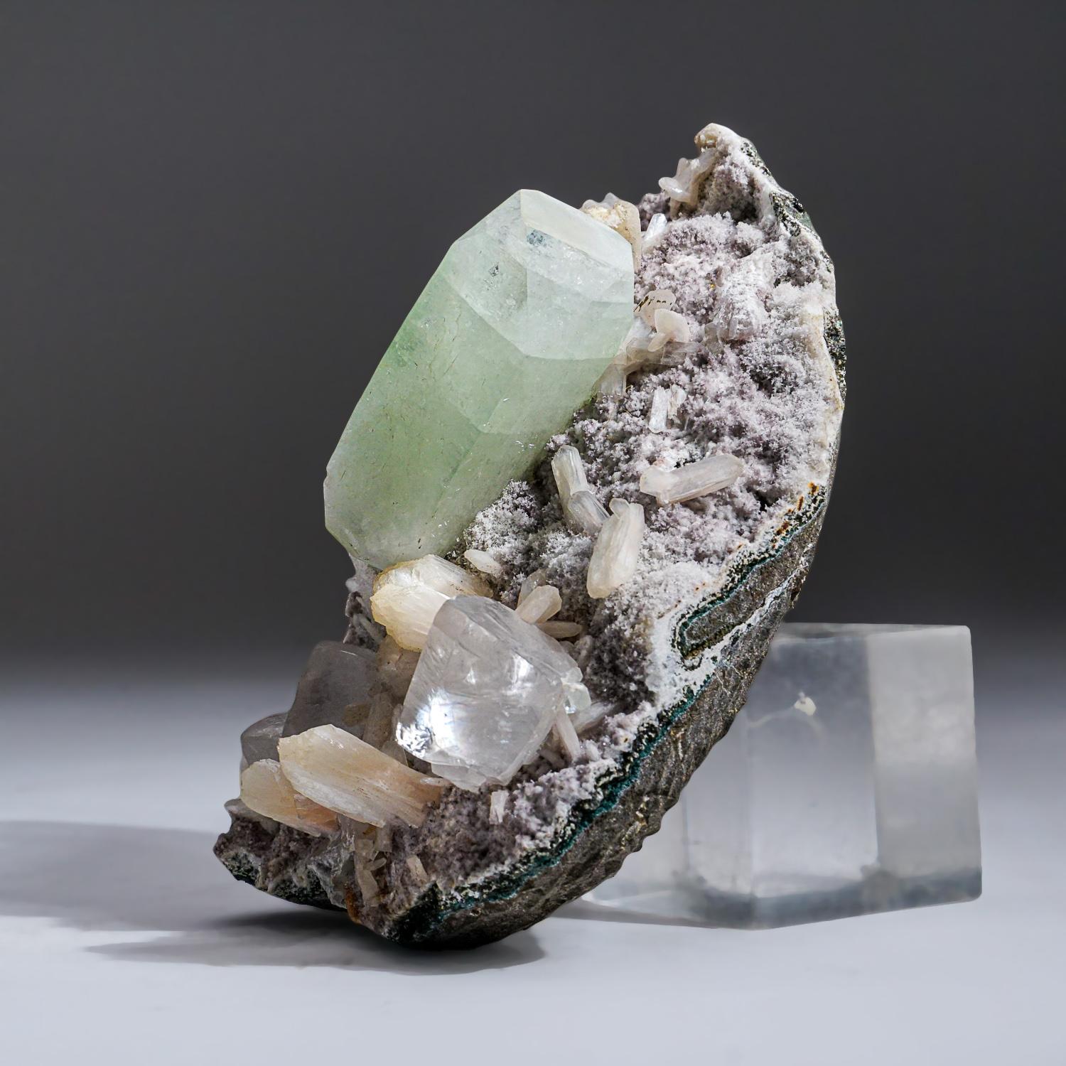 Contemporary Green Apophyllite with Gem Calcite and Stilbite from Pune District, India For Sale