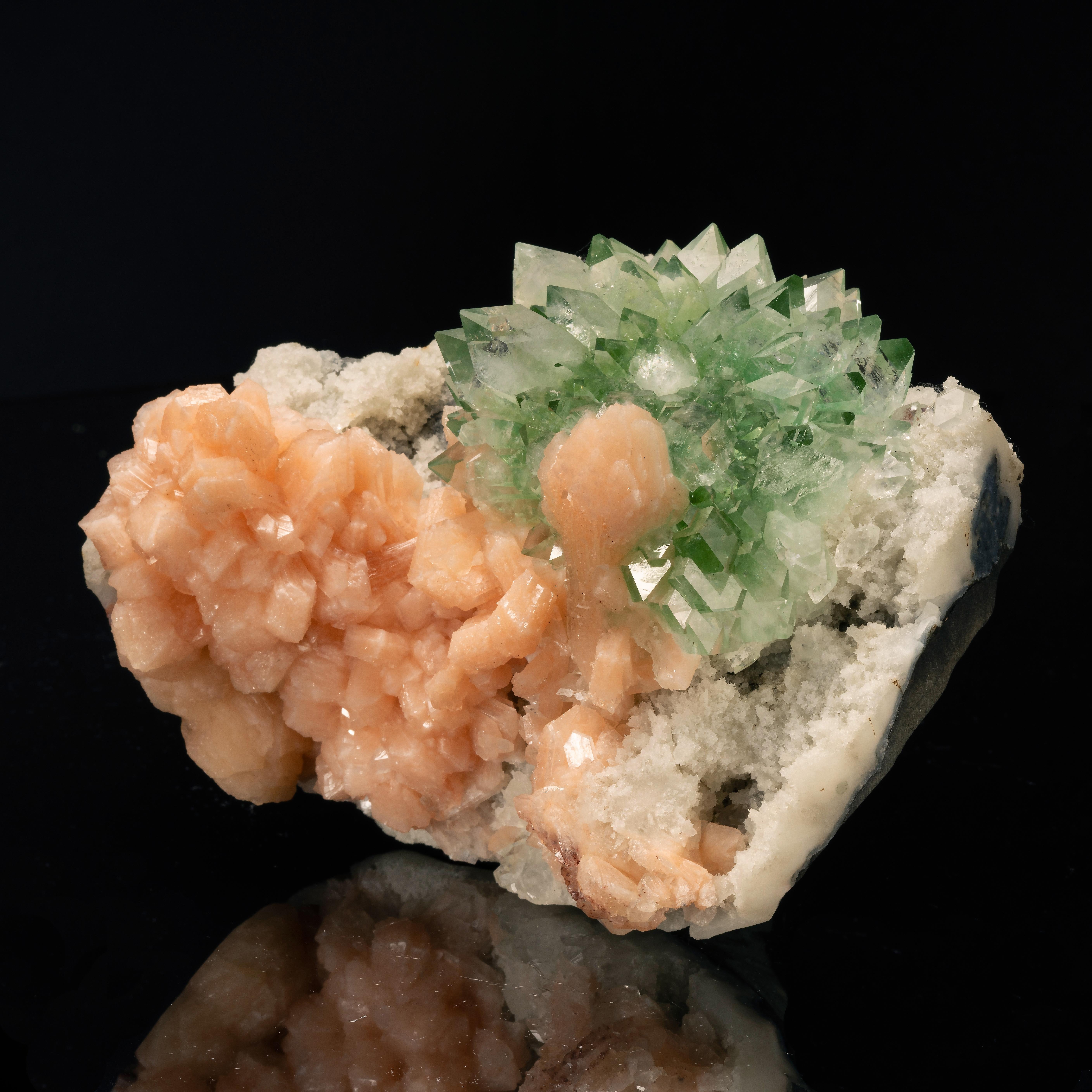 Indian Green Apophyllite with Pink Stilbite For Sale