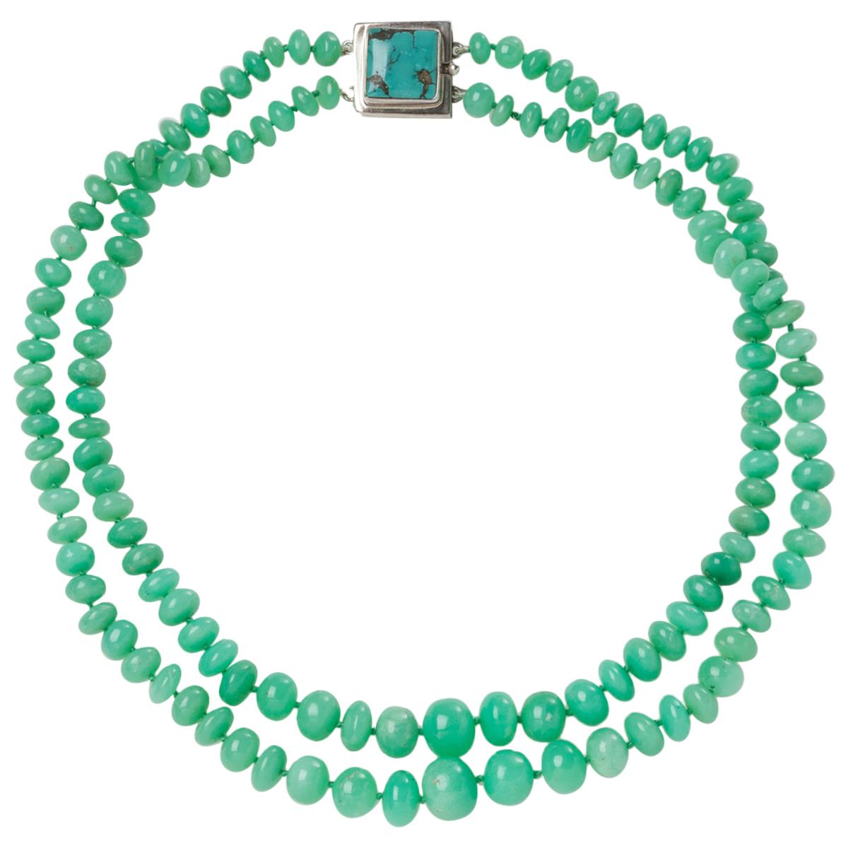 Green Apple Colored Two-Strand Chrysoprase Bead Necklace with a Turquoise Clasp For Sale