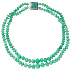 Green Apple Colored Two-Strand Chrysoprase Bead Necklace with a Turquoise Clasp