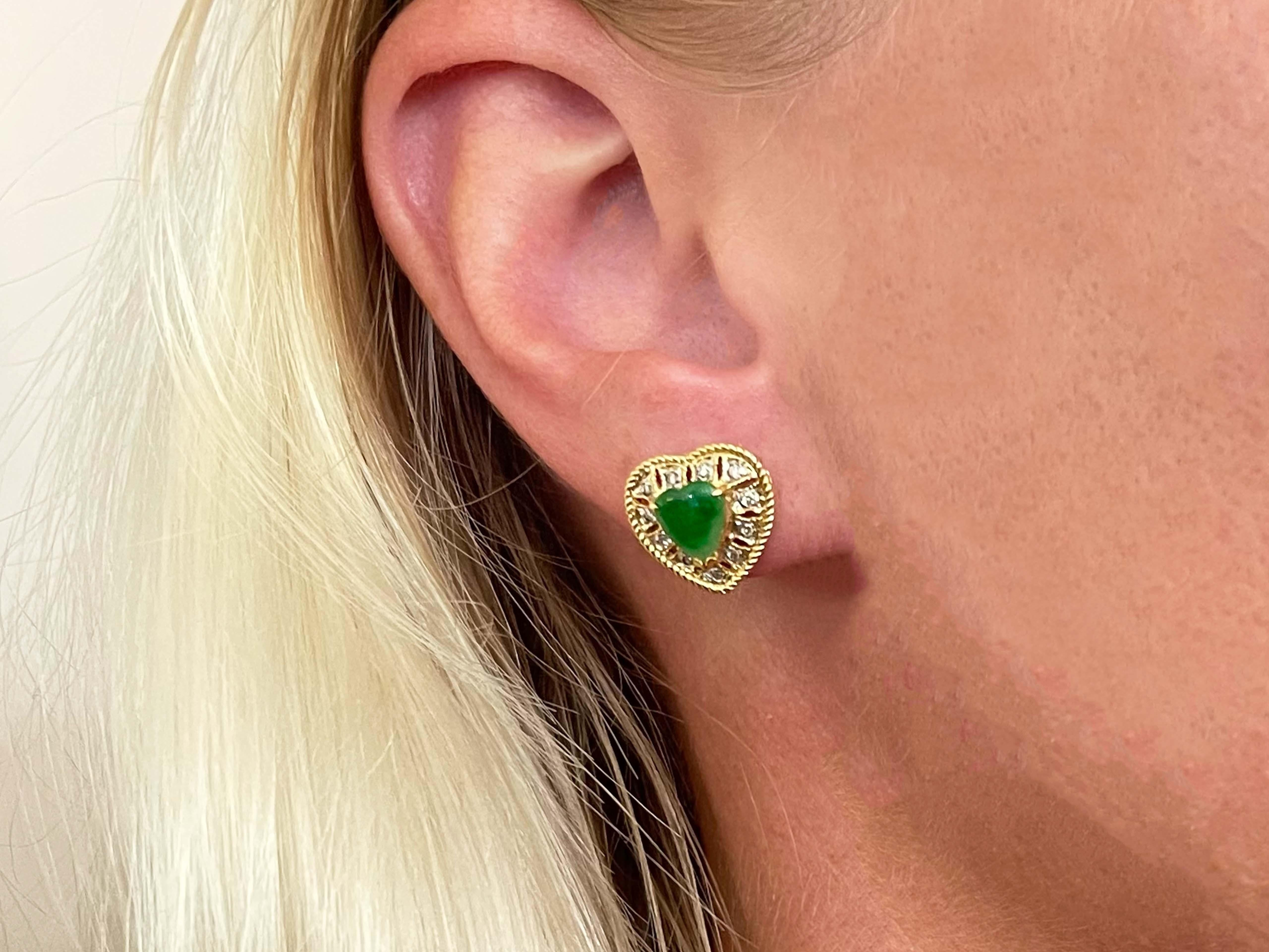 Earrings Specifications:

Metal: 18K Yellow Gold

Total Weight: 3.6 Grams
​
​Earring Measurements: 13 x 13.6 mm
Jade Measurements: 6.7 x 5.95 x 1.70 mm
​
Total ​Jade Carat Weight: 0.72 carats

Diamond Count: 22

Diamond Color: I-J

Diamond Clarity:
