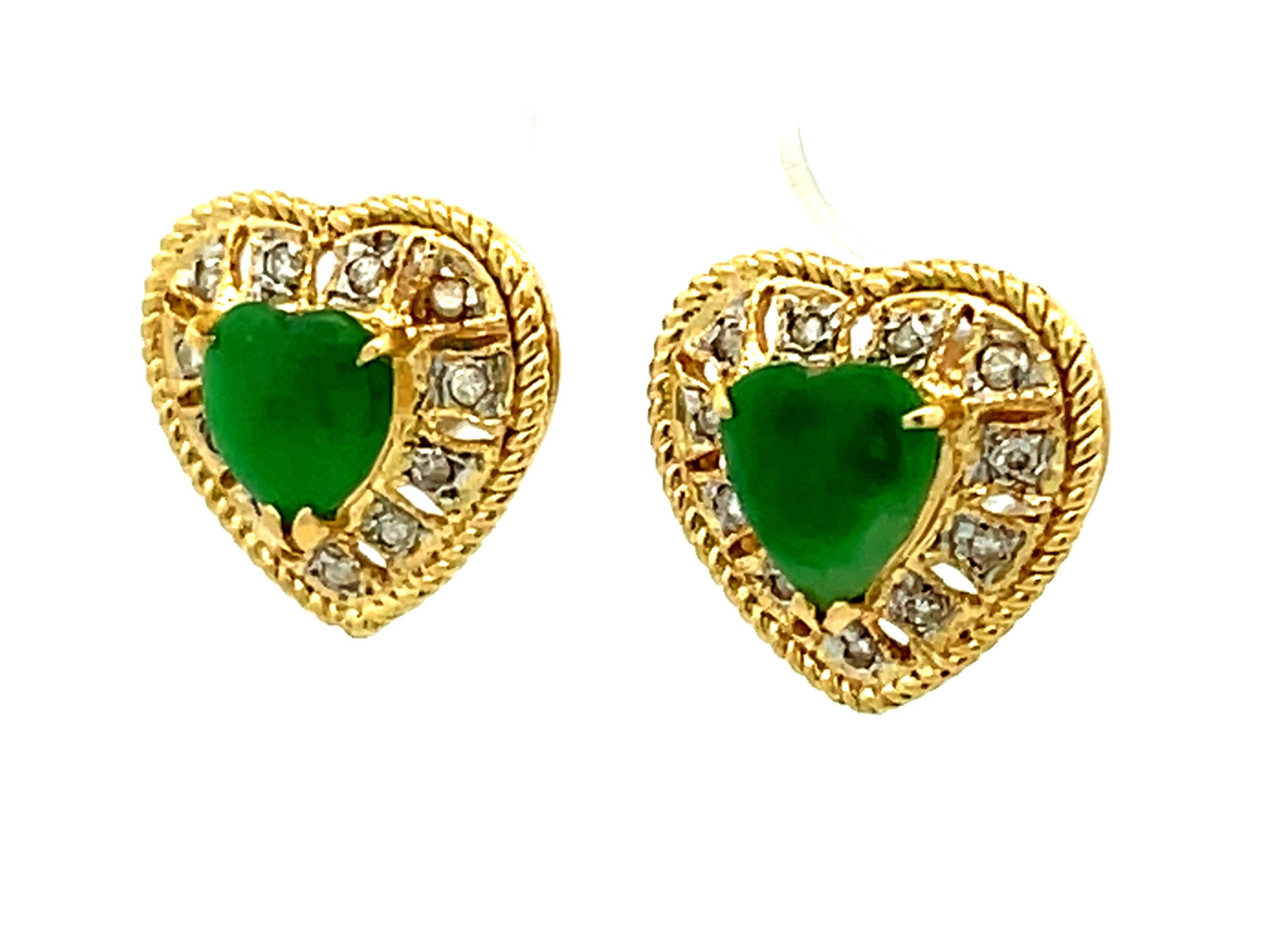 Modern Green Apple Jade Heart Shaped Earrings with Diamond Halos in 18K Yellow Gold For Sale