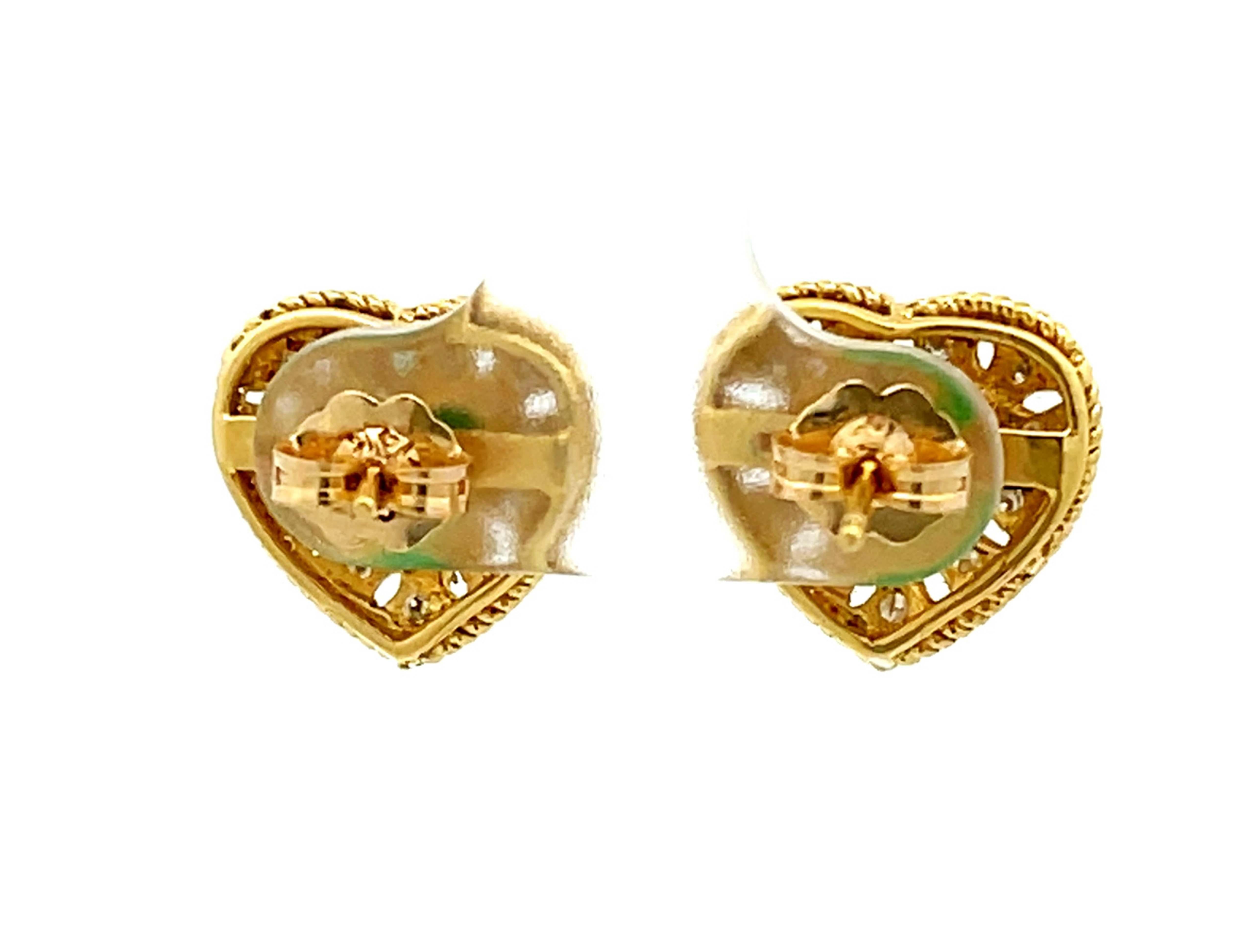 Women's Green Apple Jade Heart Shaped Earrings with Diamond Halos in 18K Yellow Gold For Sale