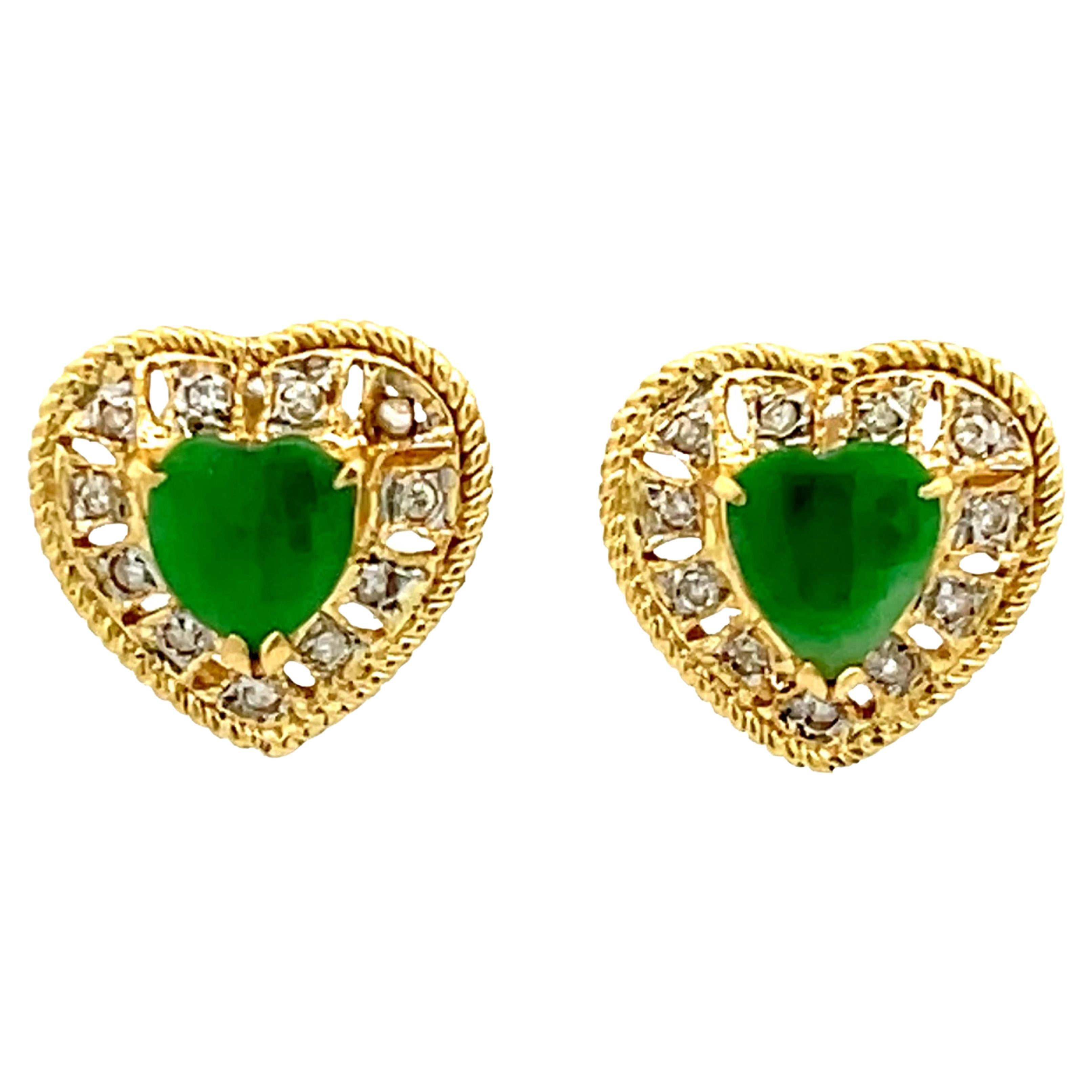 Green Apple Jade Heart Shaped Earrings with Diamond Halos in 18K Yellow Gold