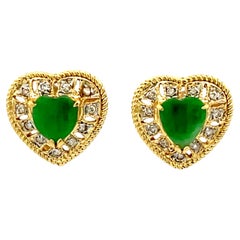 Vintage Green Apple Jade Heart Shaped Earrings with Diamond Halos in 18K Yellow Gold