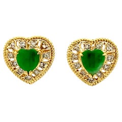 Green Apple Jade Heart Shaped Earrings with Diamond Halos in 18K Yellow Gold