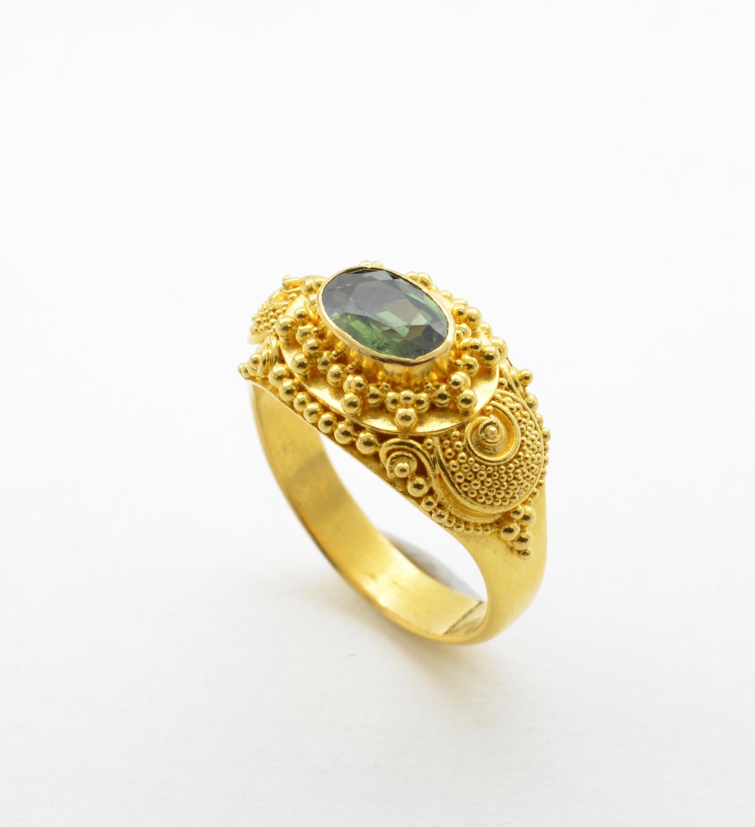 Anglo-Indian Green ‘Approximate 1.0 Carat’ Tourmaline Ring in 22 Karat Gold with Granulation For Sale