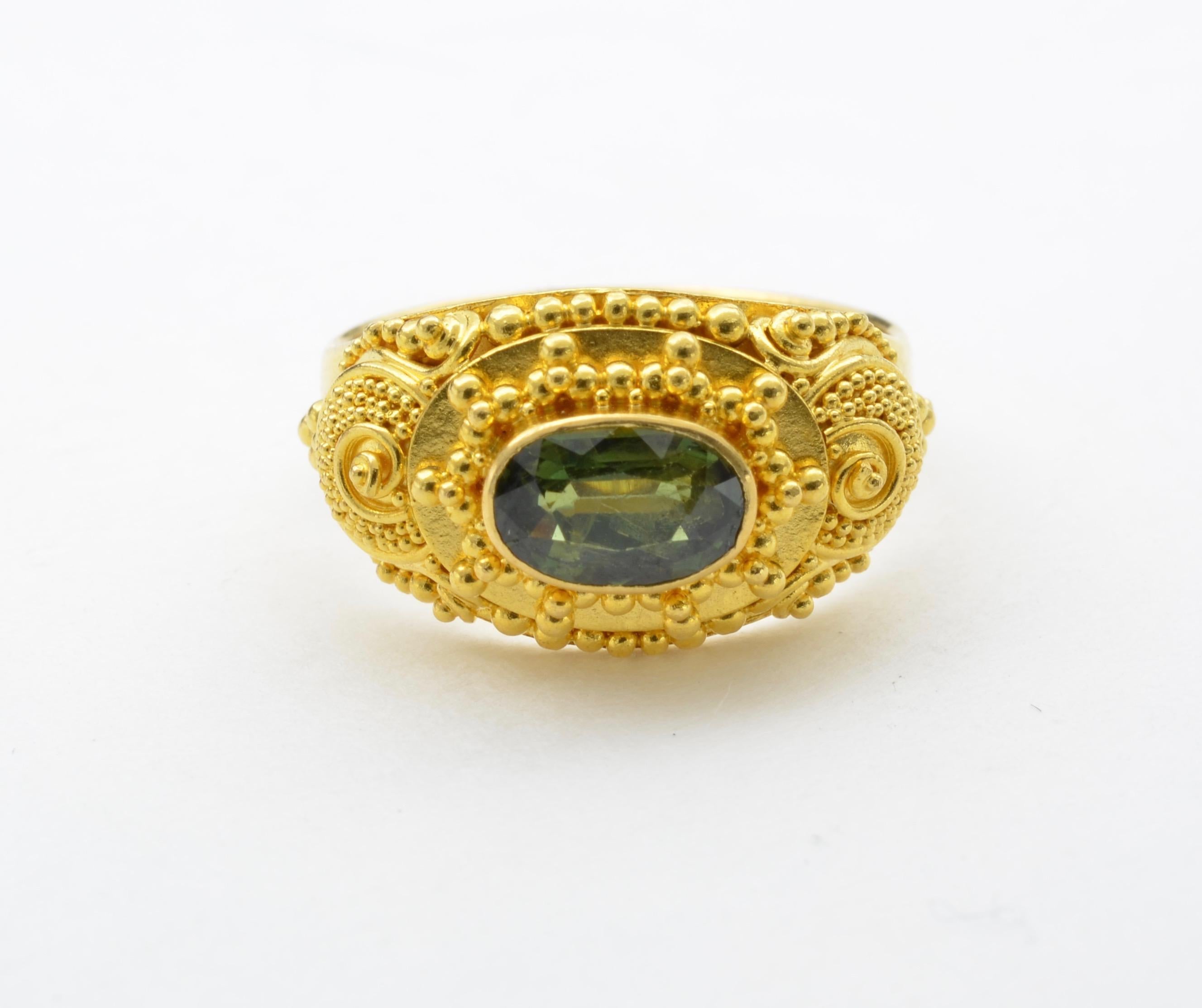 Green ‘Approximate 1.0 Carat’ Tourmaline Ring in 22 Karat Gold with Granulation In Excellent Condition For Sale In Berkeley, CA