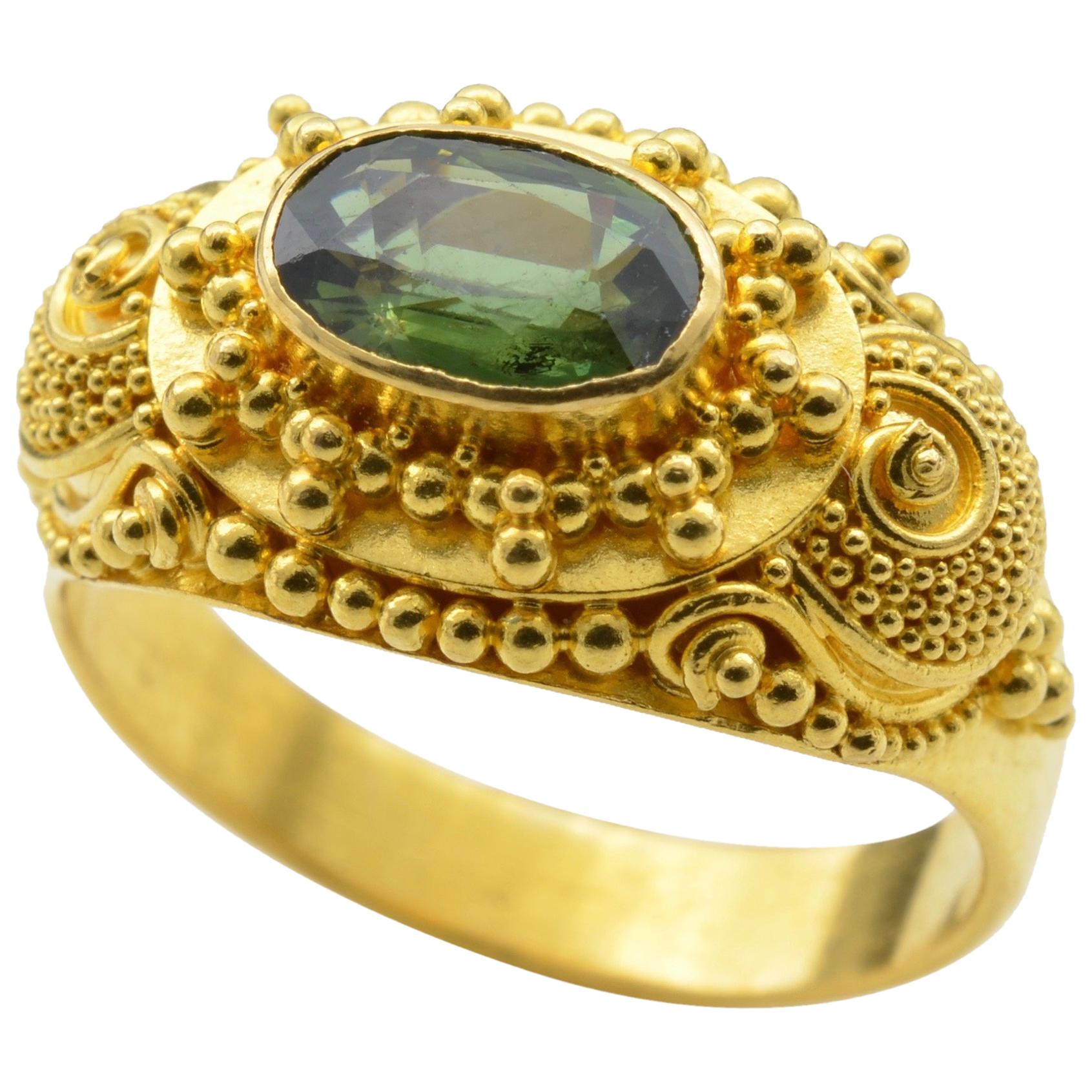 Green ‘Approximate 1.0 Carat’ Tourmaline Ring in 22 Karat Gold with Granulation For Sale