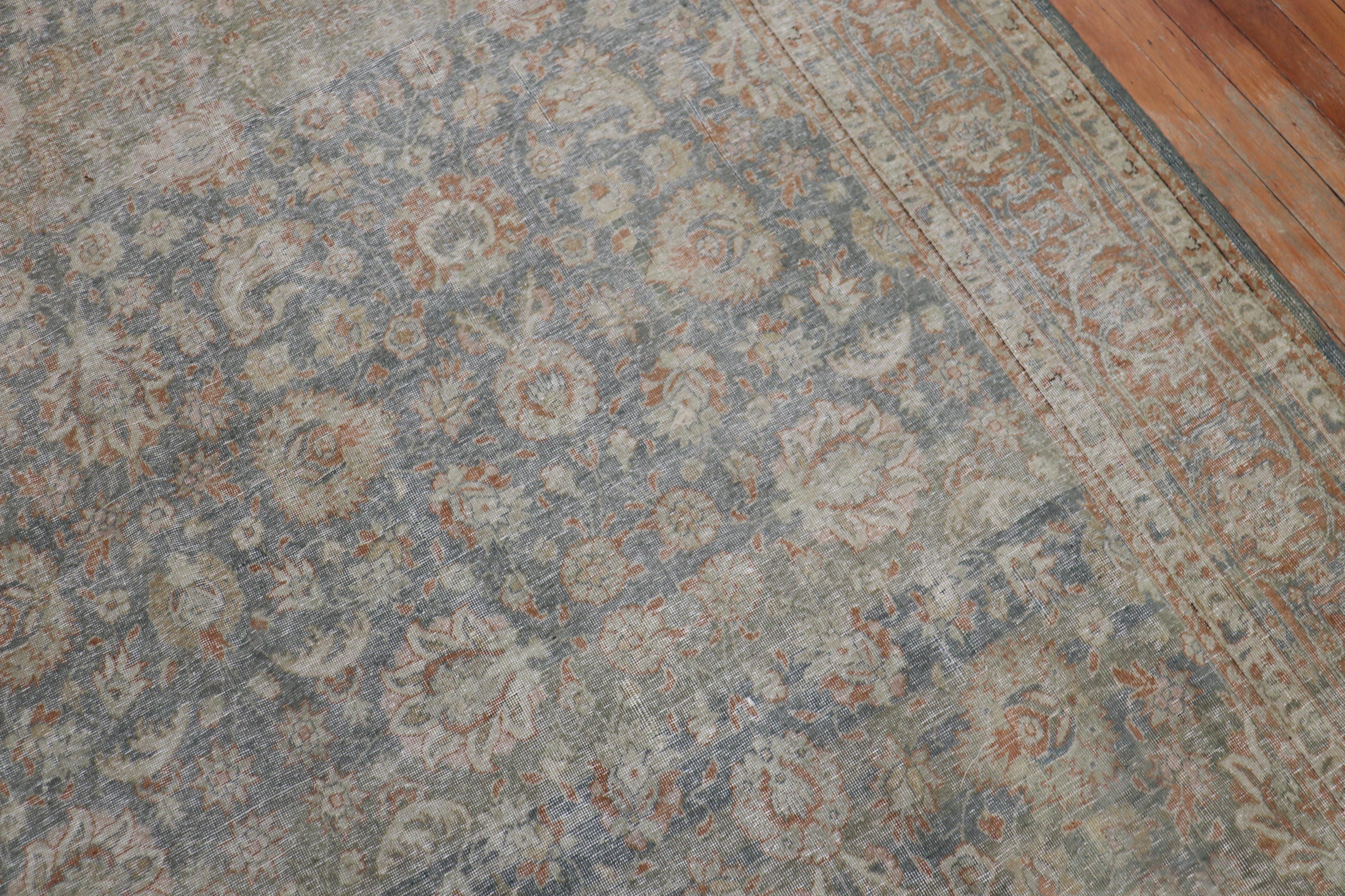 Hand-Woven Green Apricot Distressed Persian Tabriz Rug