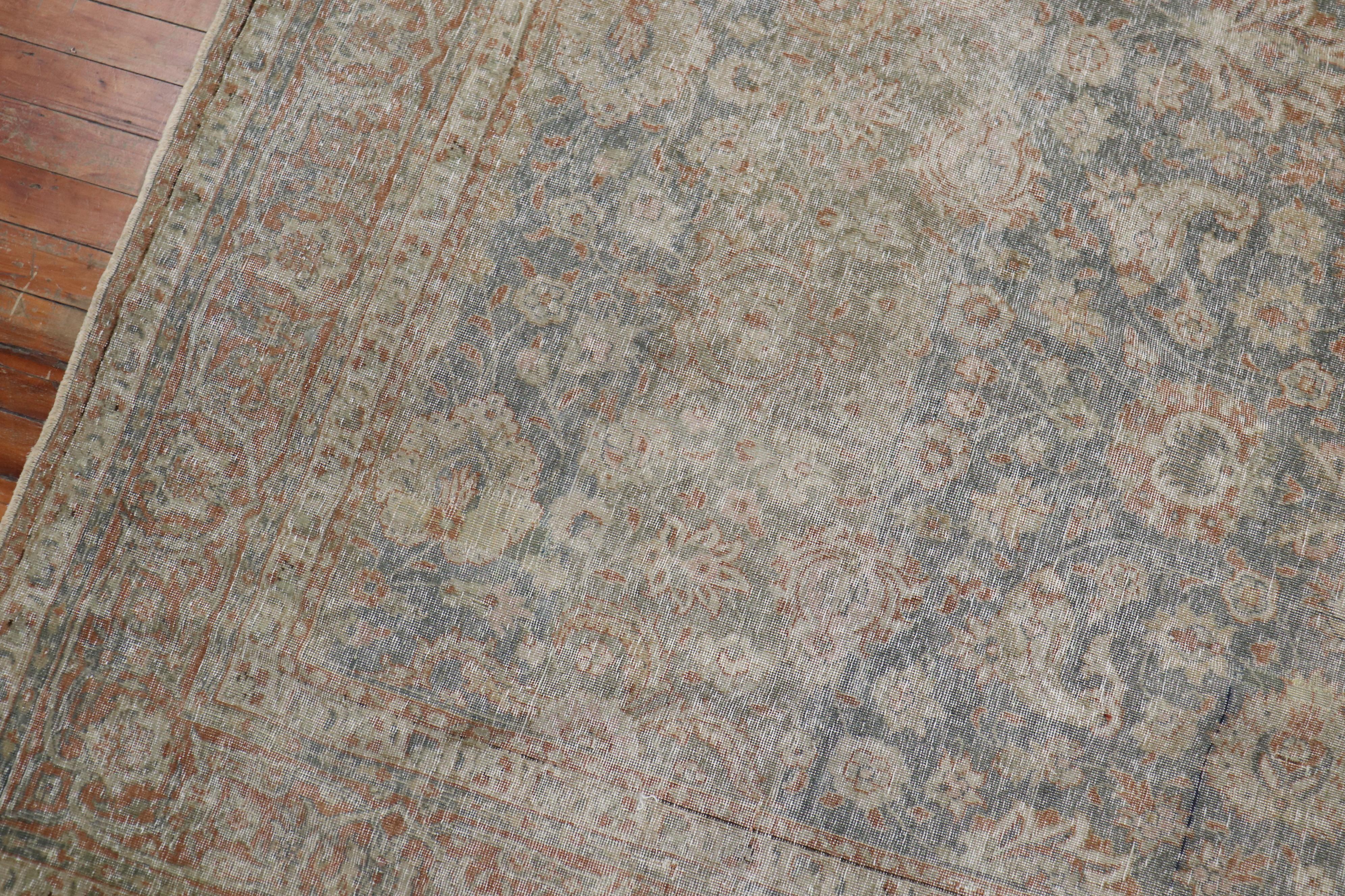 Green Apricot Distressed Persian Tabriz Rug In Fair Condition In New York, NY
