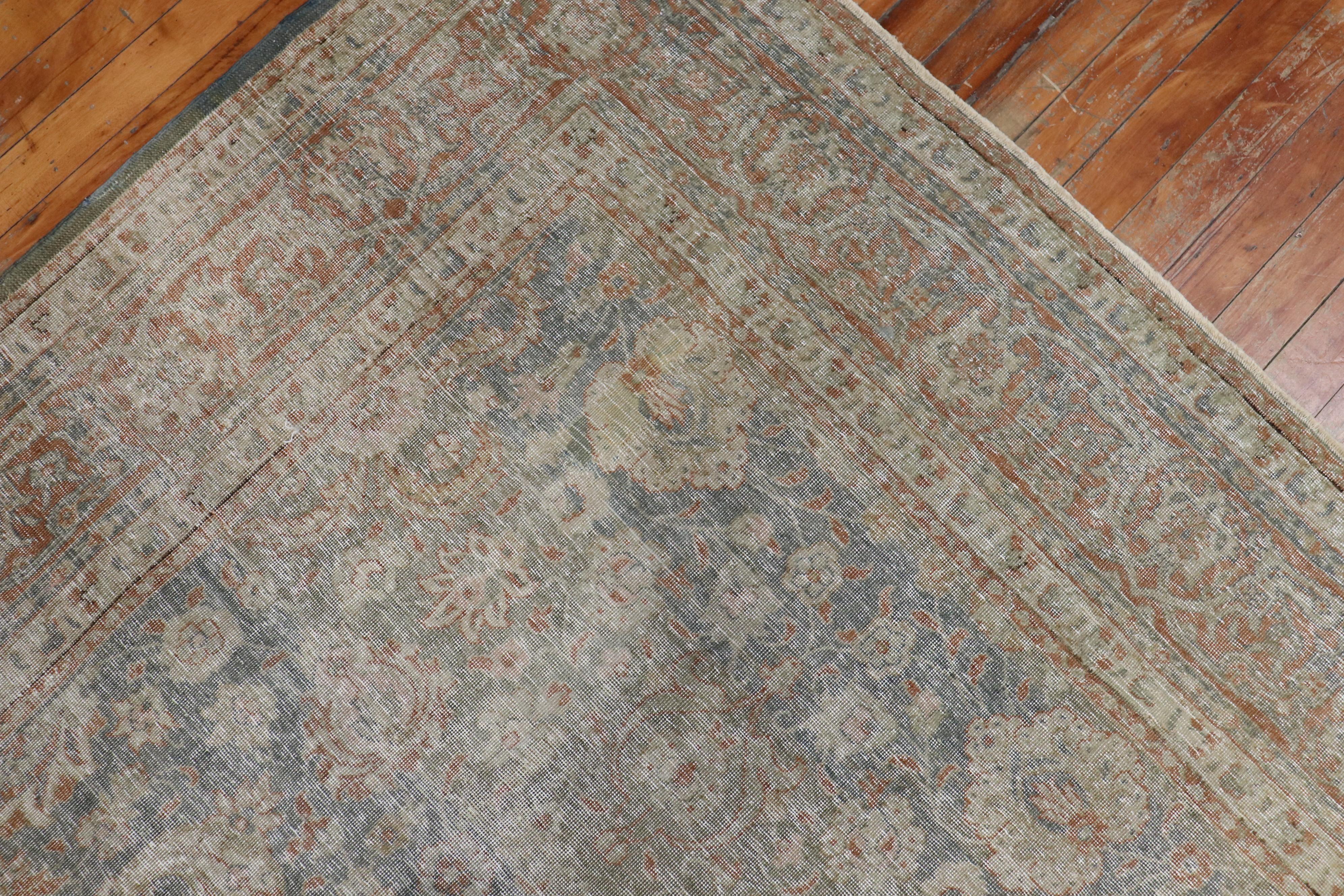 20th Century Green Apricot Distressed Persian Tabriz Rug