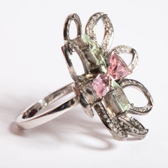 Green Aquamarine, Morganite and Diamond Flower Cocktail Ring