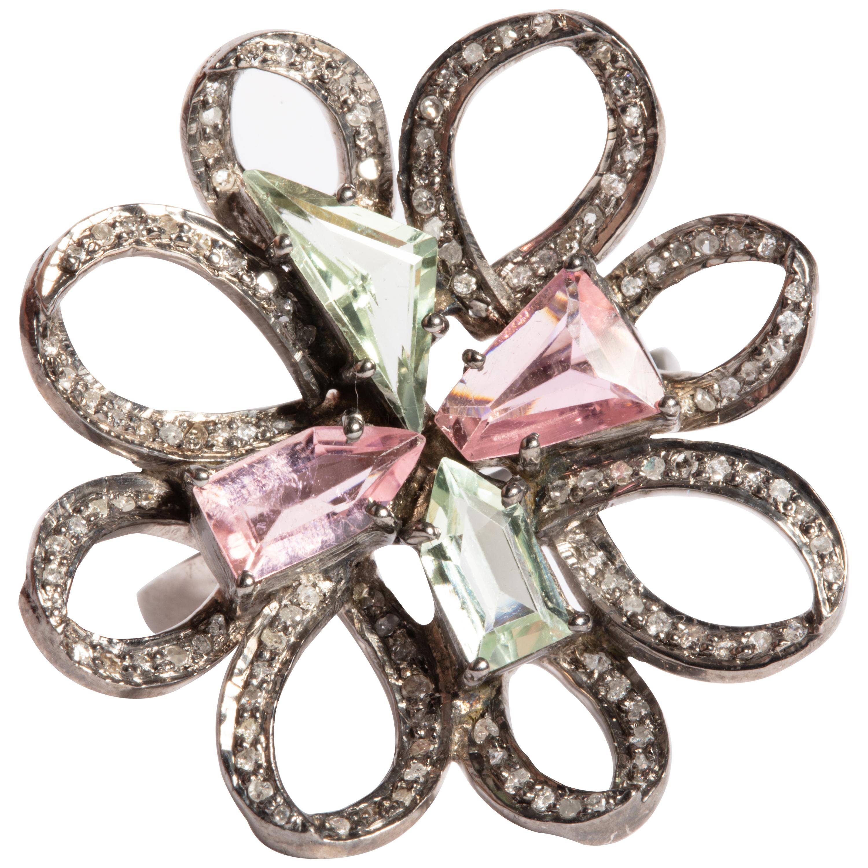 Green Aquamarine, Morganite and Diamond Flower Cocktail Ring For Sale
