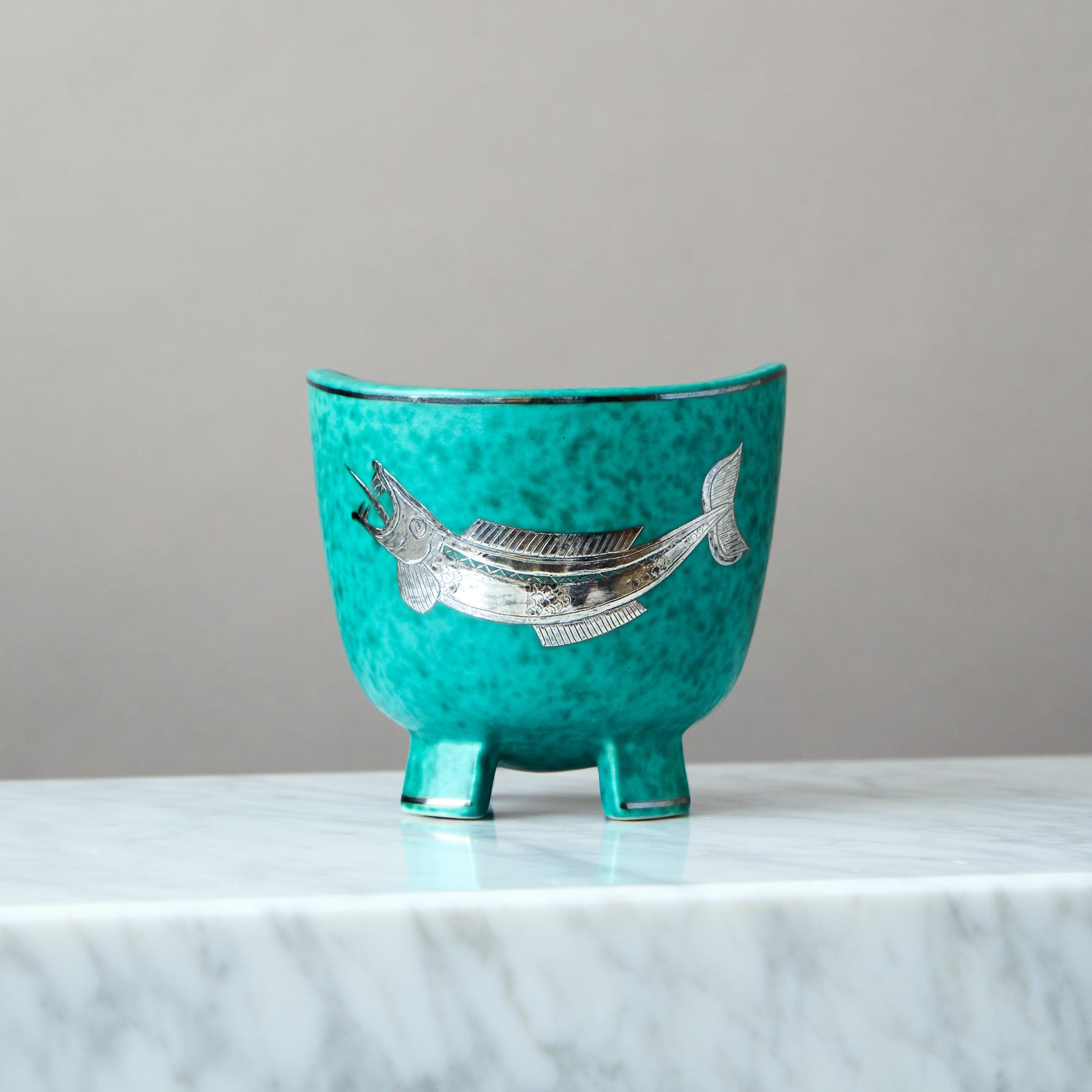 Art Déco Ciotola in gres Art Deco verde 'Argenta' di Wilhelm Kage Gustavsberg Svezia anni '30 in vendita