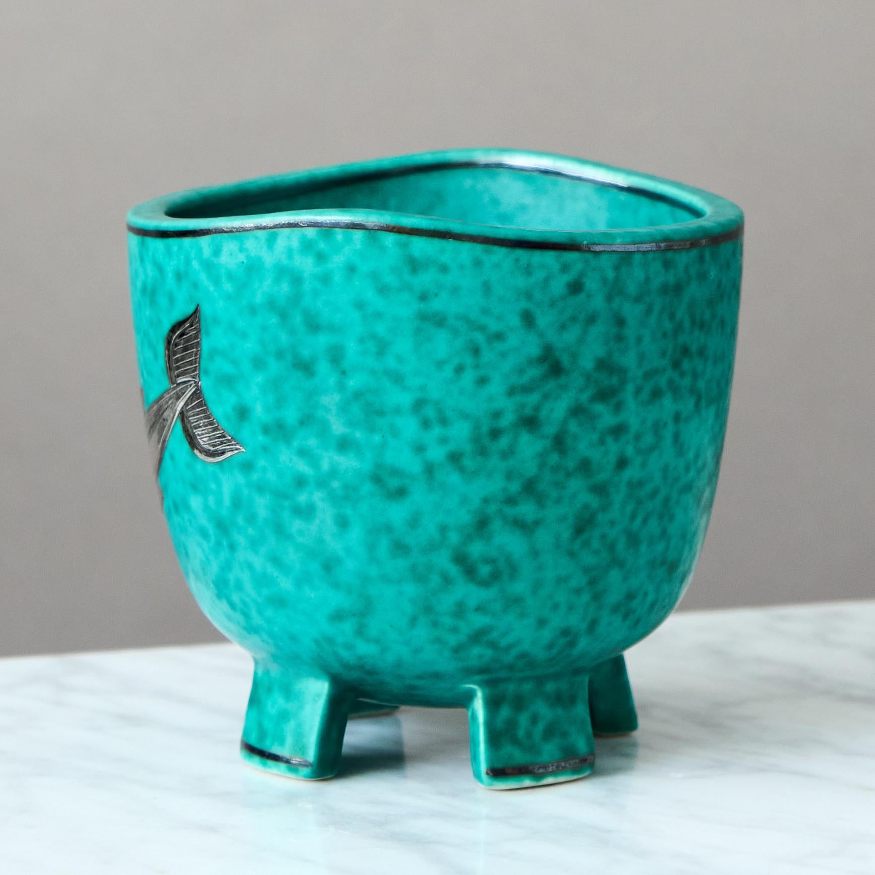 Svedese Ciotola in gres Art Deco verde 'Argenta' di Wilhelm Kage Gustavsberg Svezia anni '30 in vendita