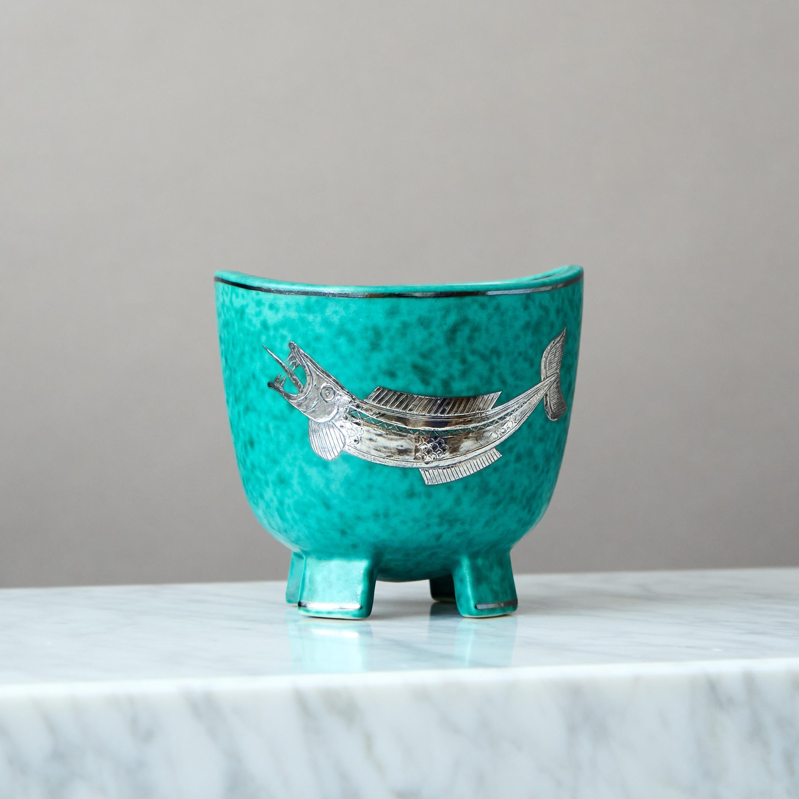 Smaltato Ciotola in gres Art Deco verde 'Argenta' di Wilhelm Kage Gustavsberg Svezia anni '30 in vendita
