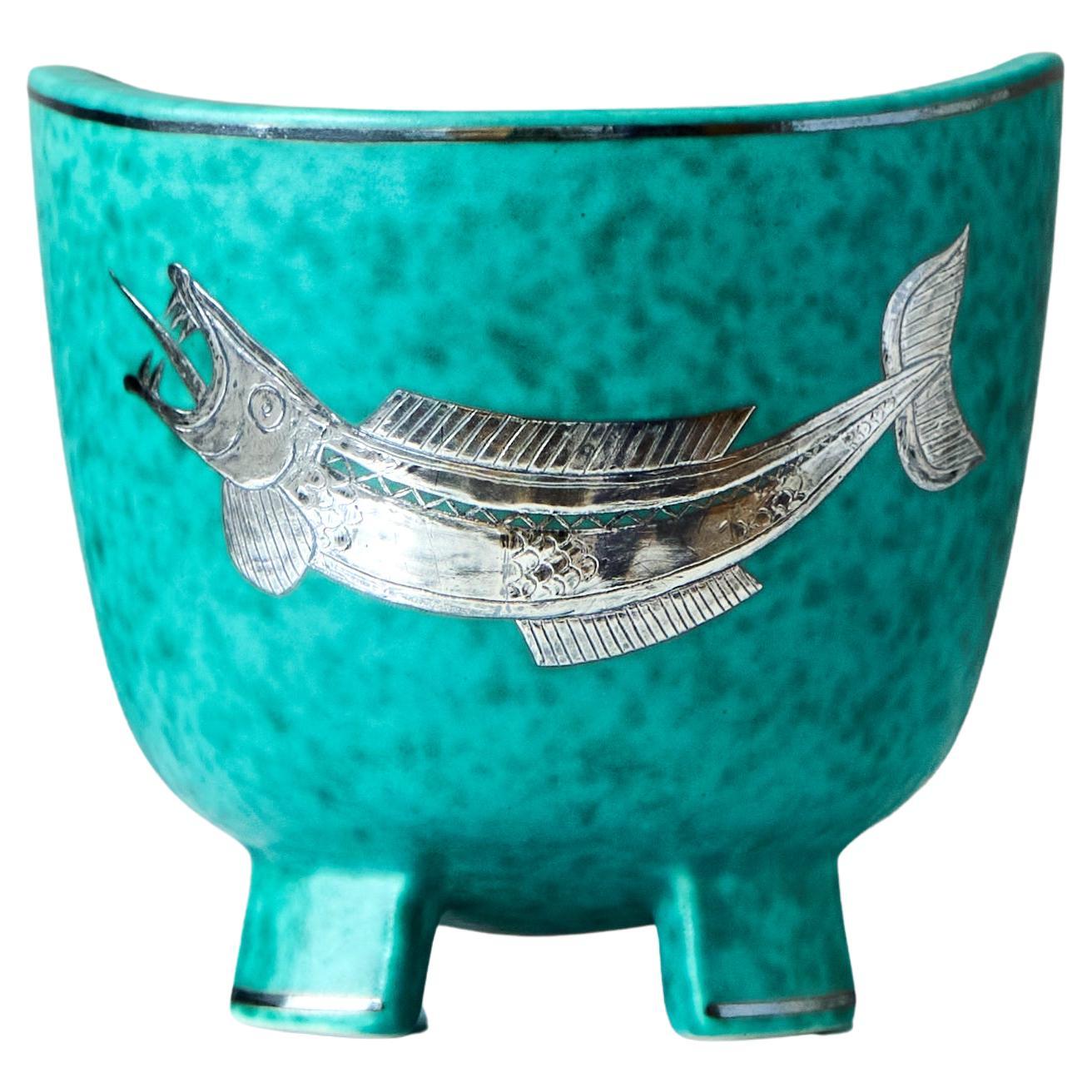 Ciotola in gres Art Deco verde 'Argenta' di Wilhelm Kage Gustavsberg Svezia anni '30