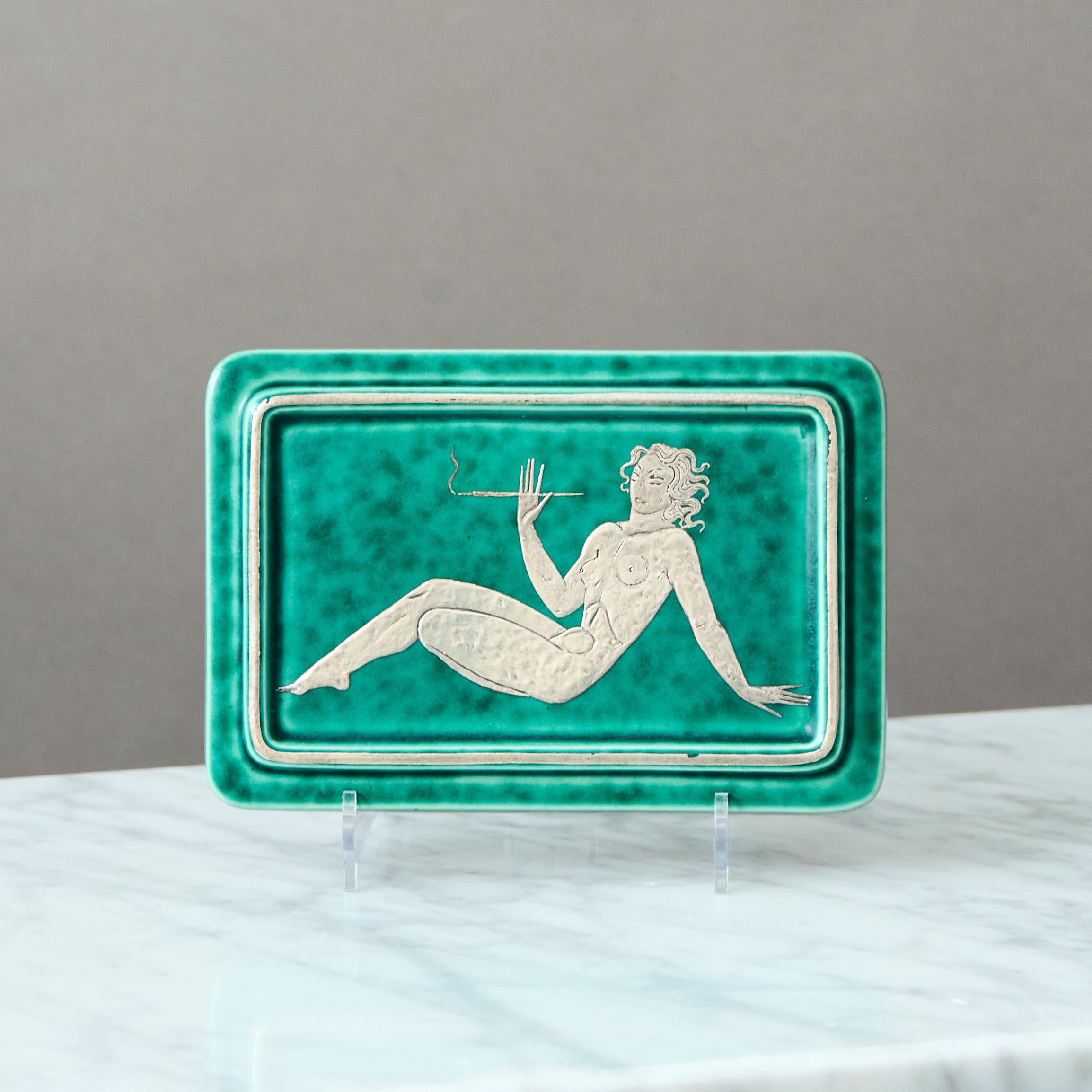 Svedese Scatola in gres Art Deco verde 'Argenta' di Wilhelm Kage, Gustavsberg Svezia anni '30 in vendita