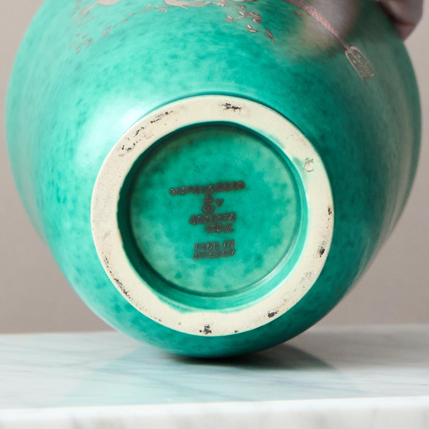 Green 'Argenta' Art Deco Stoneware Vase by Wilhelm Kage Gustavsberg Sweden 1930s For Sale 3