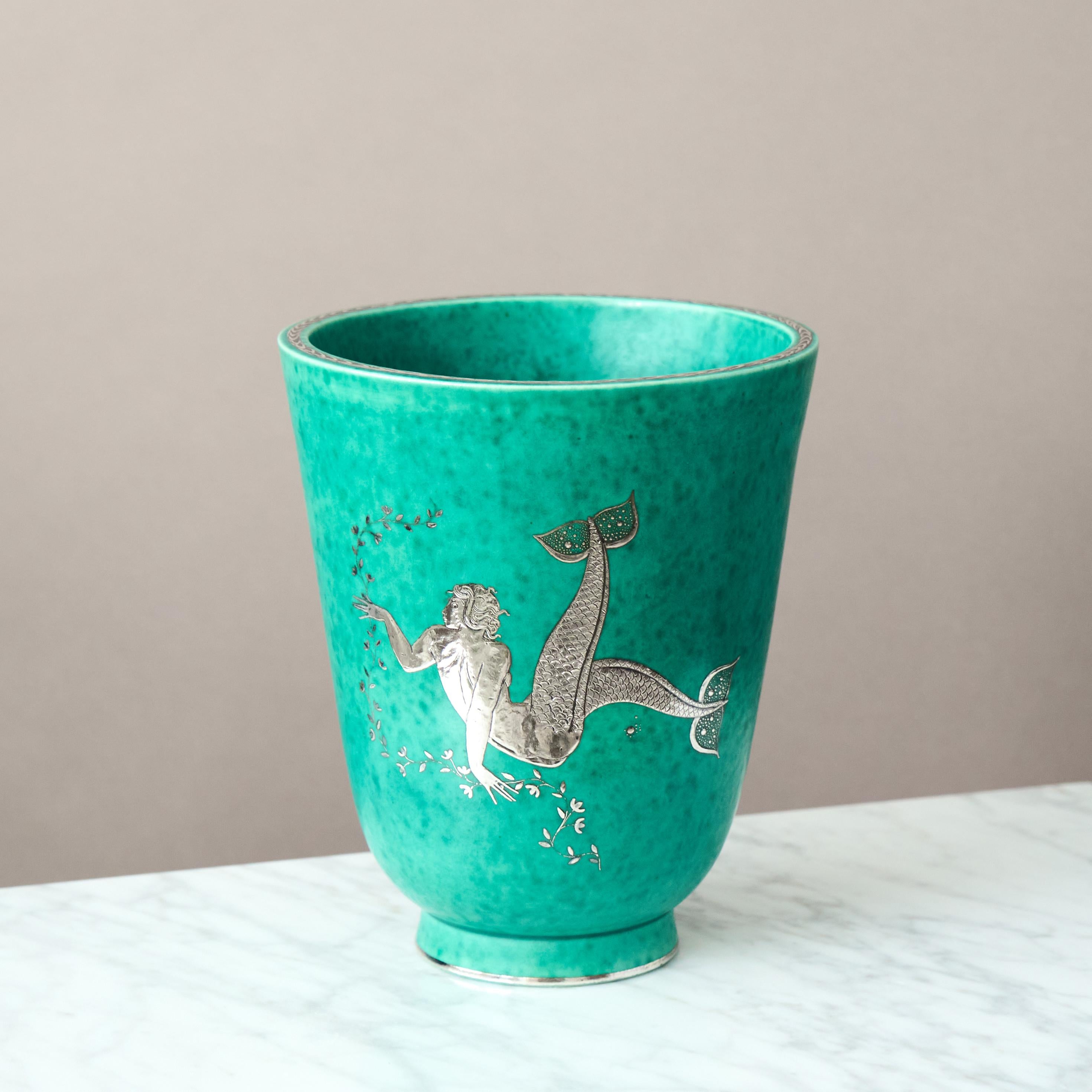 Swedish Green 'Argenta' Art Deco Stoneware Vase by Wilhelm Kage Gustavsberg Sweden 1930s For Sale