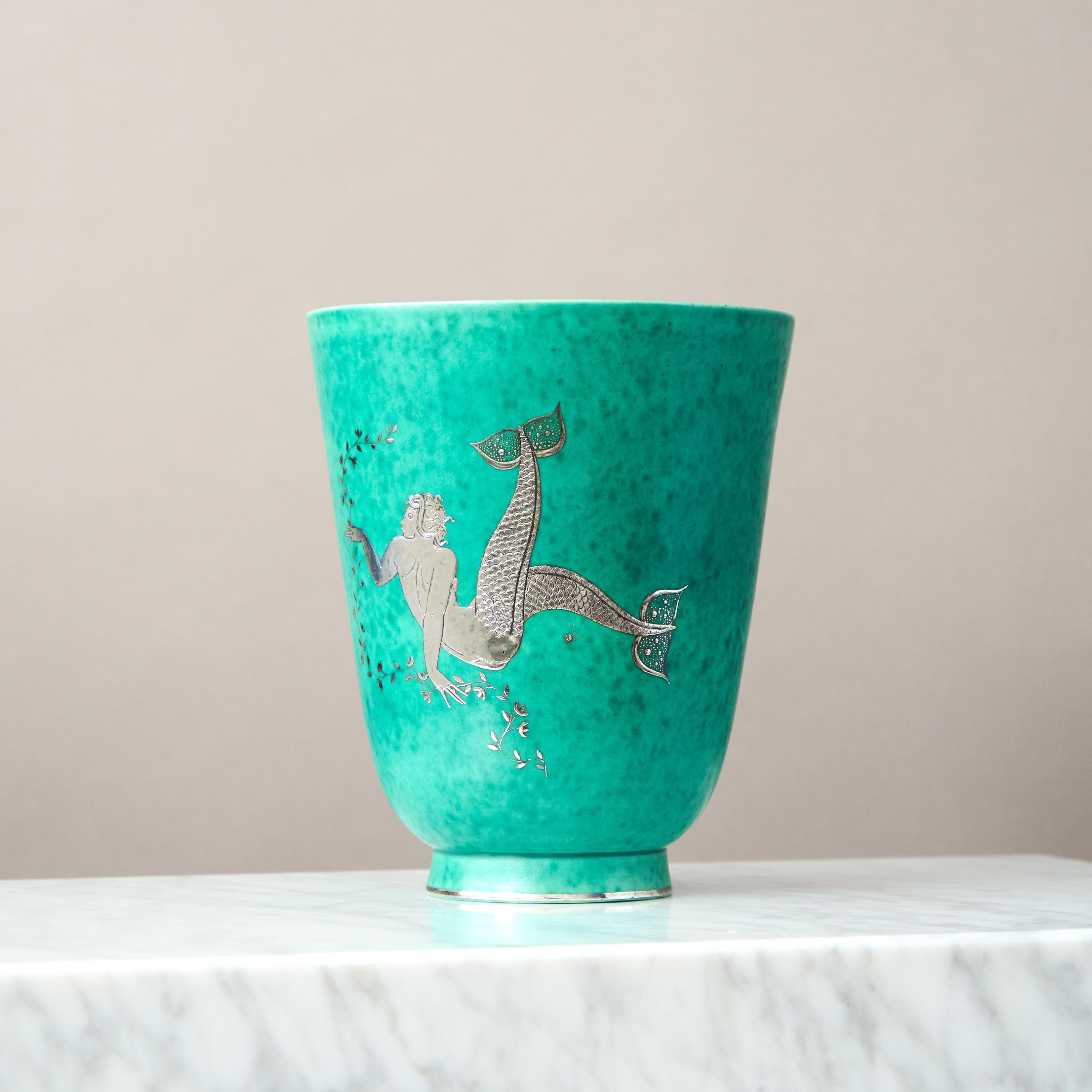 Glazed Green 'Argenta' Art Deco Stoneware Vase by Wilhelm Kage Gustavsberg Sweden 1930s For Sale