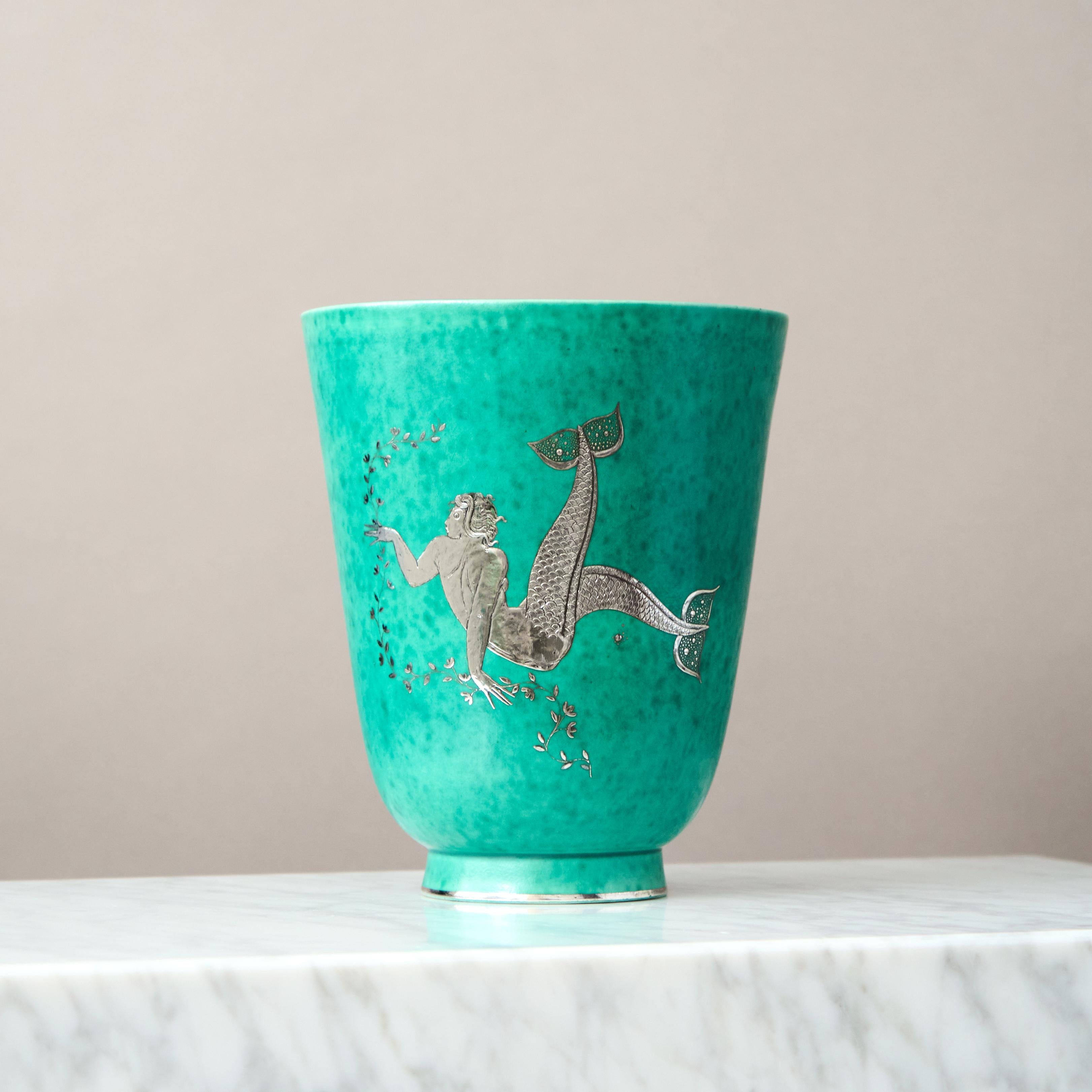 Mid-20th Century Green 'Argenta' Art Deco Stoneware Vase by Wilhelm Kage Gustavsberg Sweden 1930s For Sale