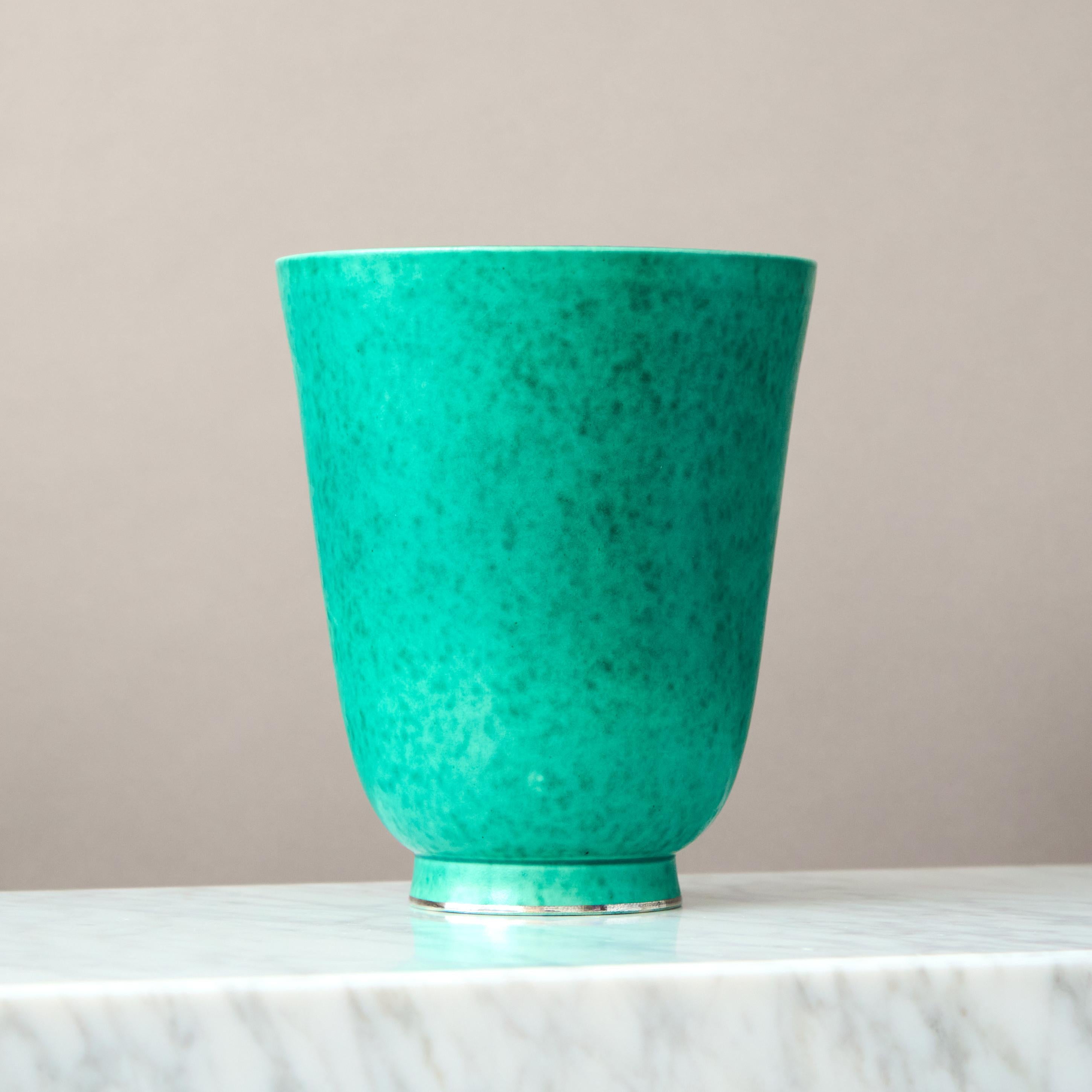 Ceramic Green 'Argenta' Art Deco Stoneware Vase by Wilhelm Kage Gustavsberg Sweden 1930s For Sale